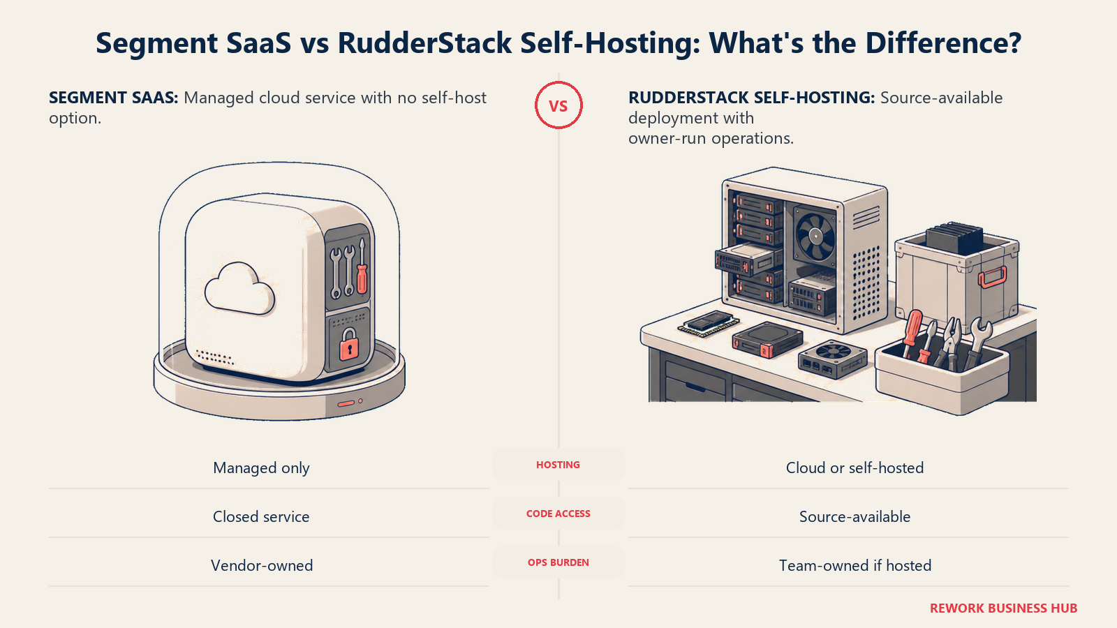 Segment managed SaaS capsule compared with a RudderStack source-available self-hosting server kit