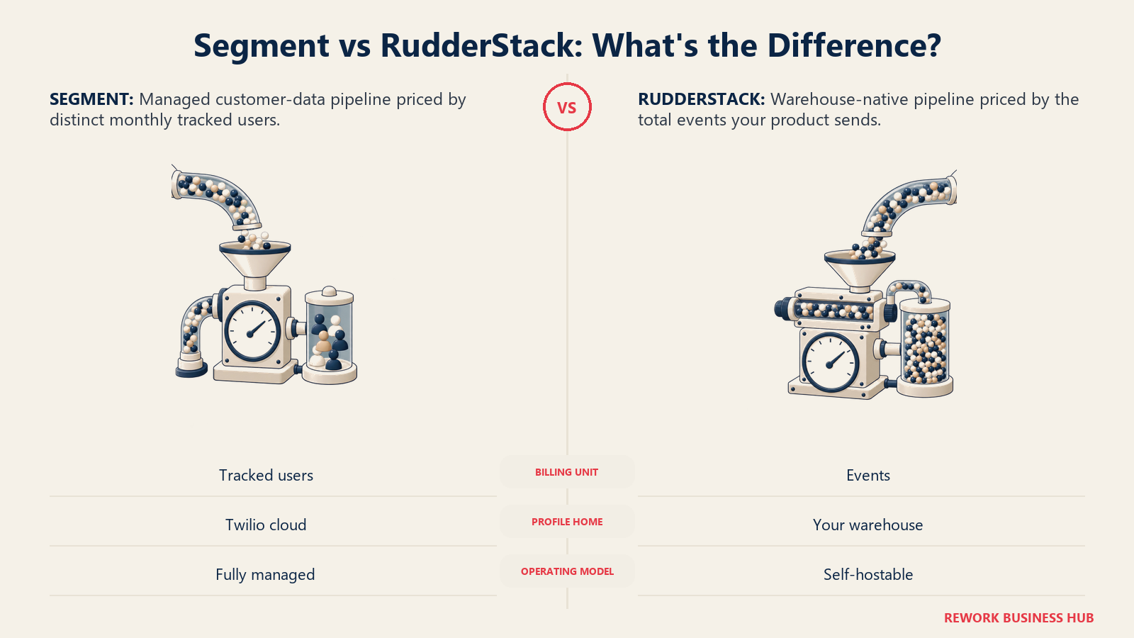 Segment vs RudderStack shown as matched meters counting monthly tracked users and event volume from equivalent customer traffic