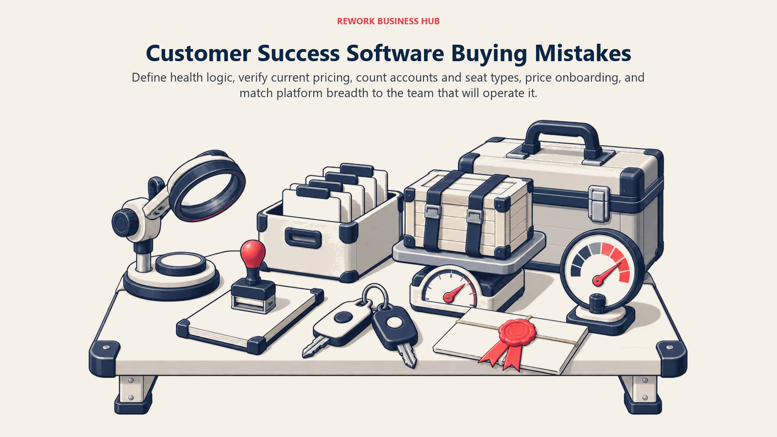 Customer success software buying mistakes shown as a pre-purchase inspection bench for health logic, pricing, accounts, seats, onboarding, and administration