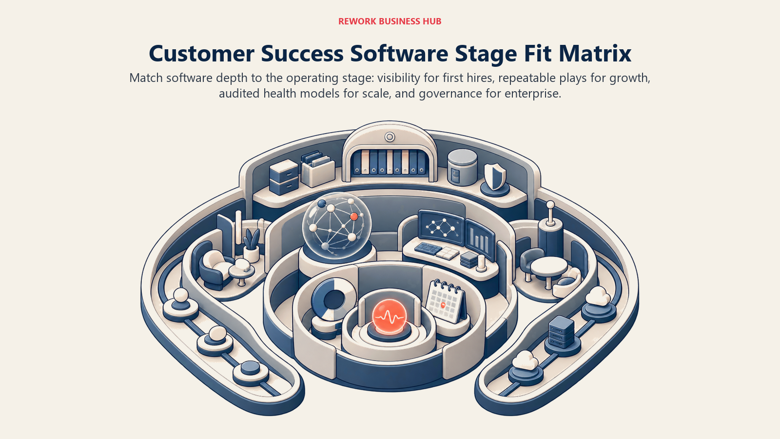 Customer success software stage fit matrix across first hires, growth playbooks, audited health models, and enterprise governance
