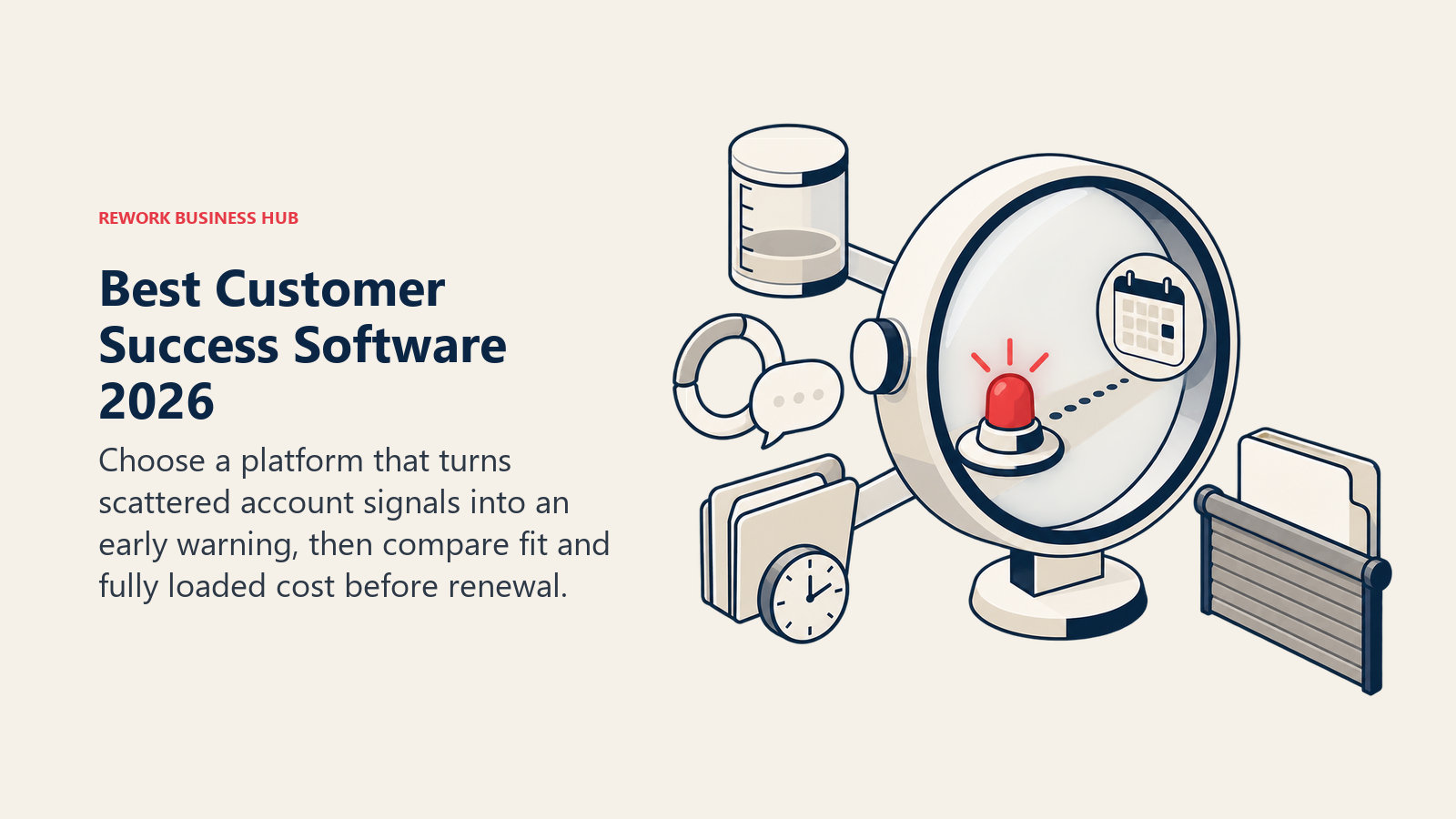 Best customer success software 2026 shown as scattered account signals becoming one early renewal warning beside a concealed price quote