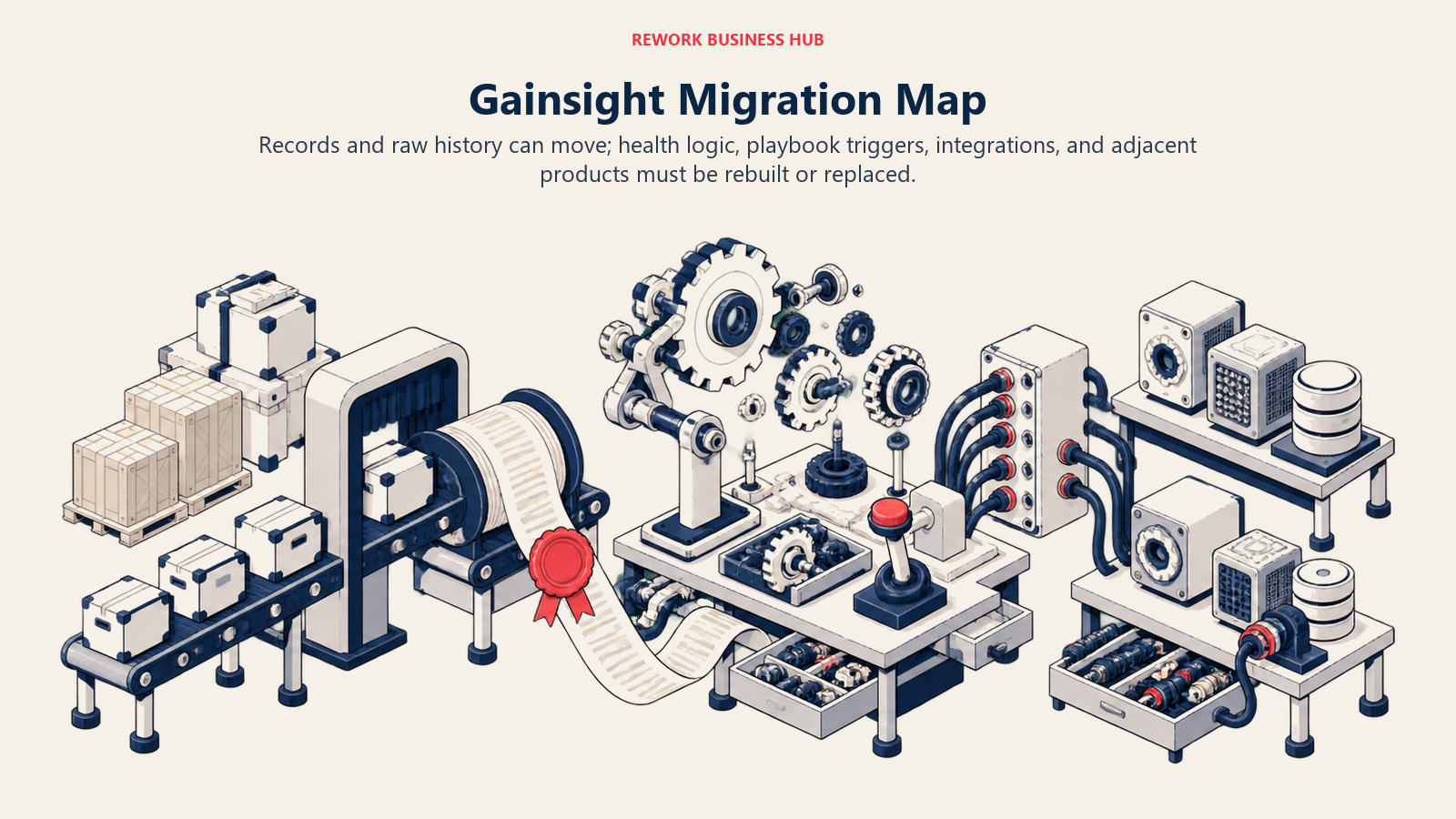 Gainsight migration map separating portable customer records from health logic, playbooks, integrations, and adjacent products that require rebuilding