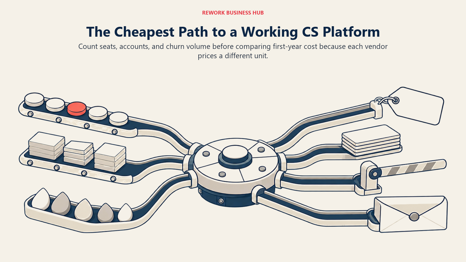 Customer success platform cost path showing seats, account volume, and churn volume feeding different first-year pricing models