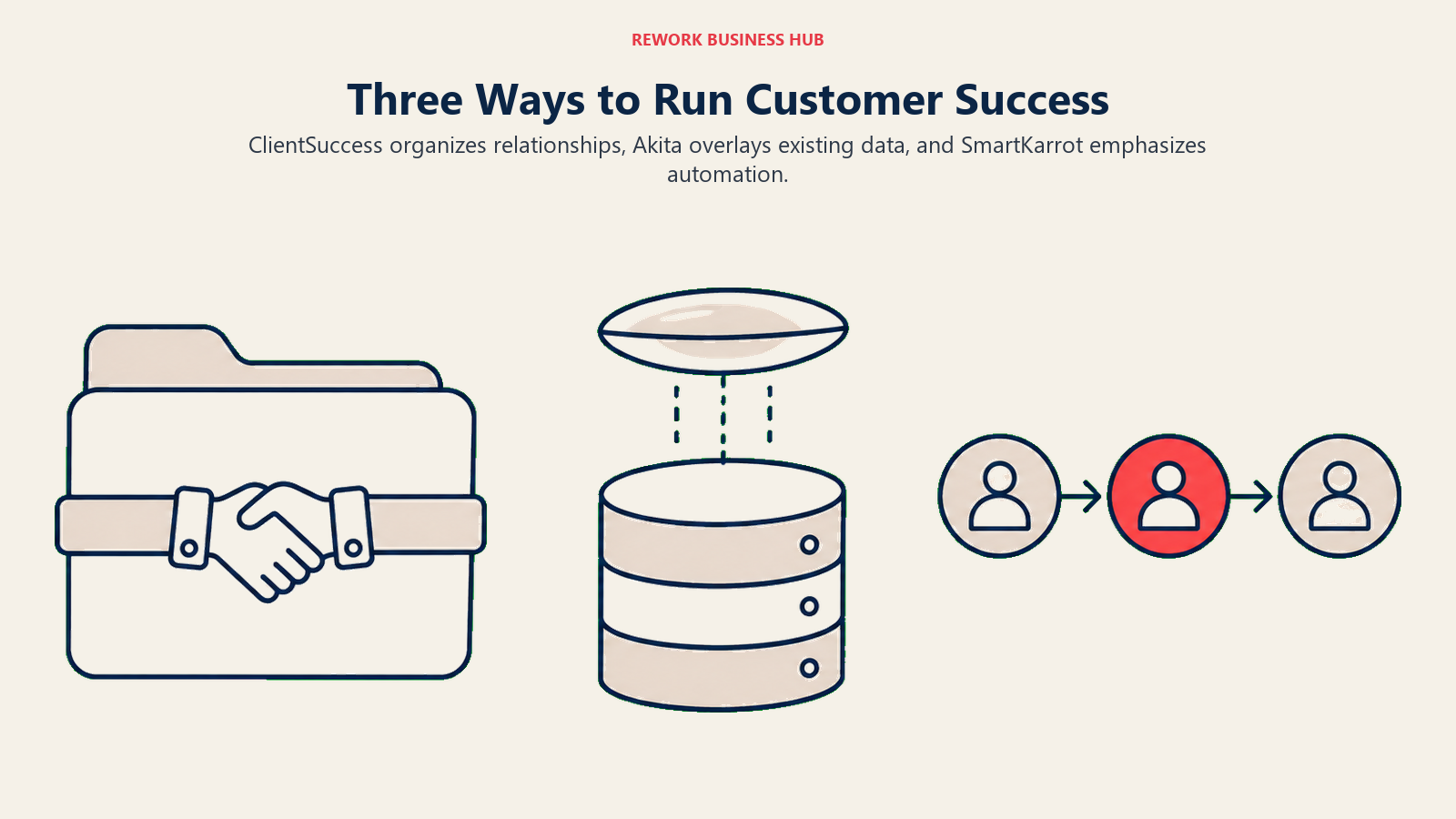 ClientSuccess relationship management, Akita data overlay and SmartKarrot automation compared visually