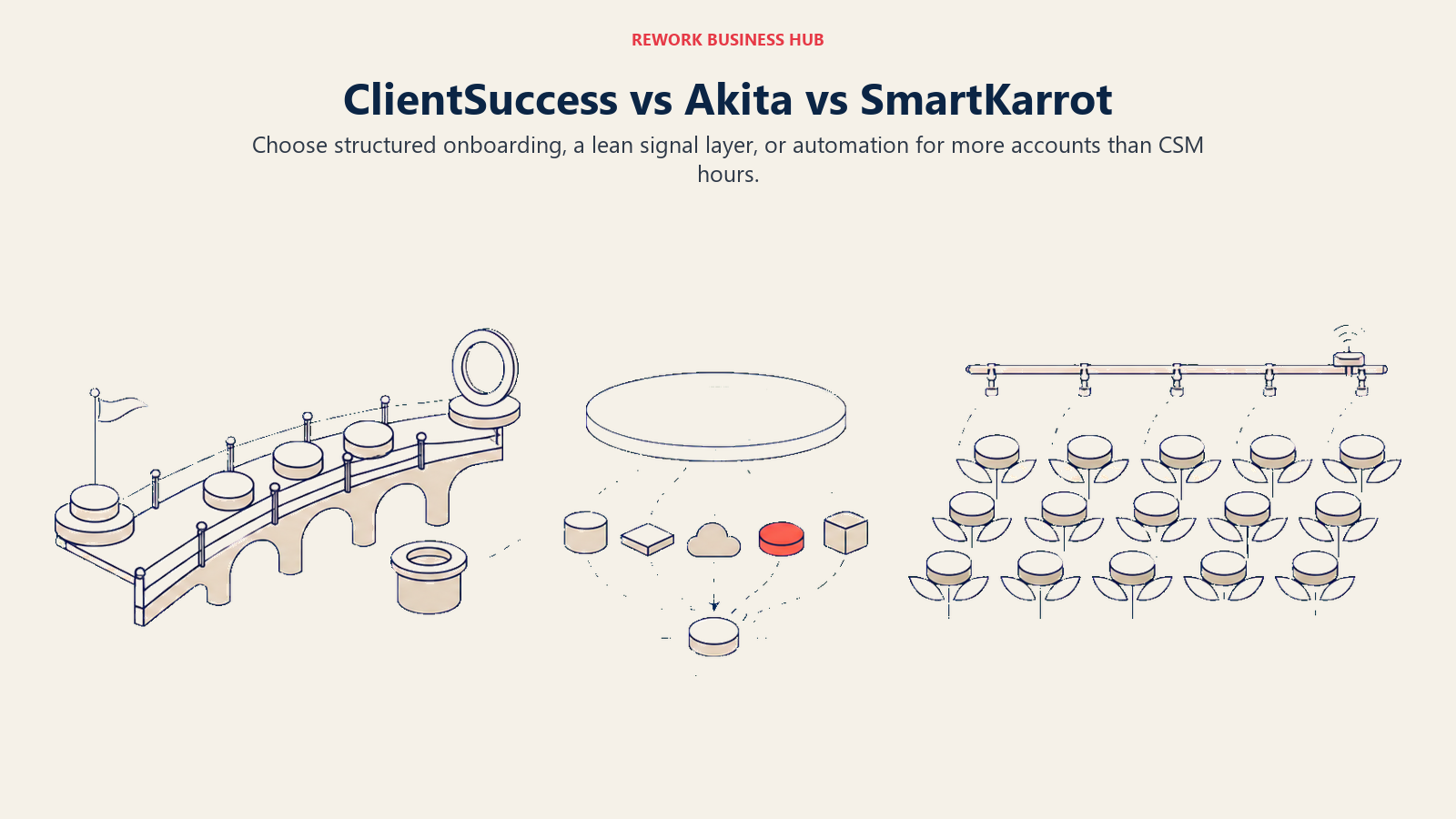 ClientSuccess, Akita, and SmartKarrot shown as a guided customer path, a lightweight signal lens, and automated account coverage