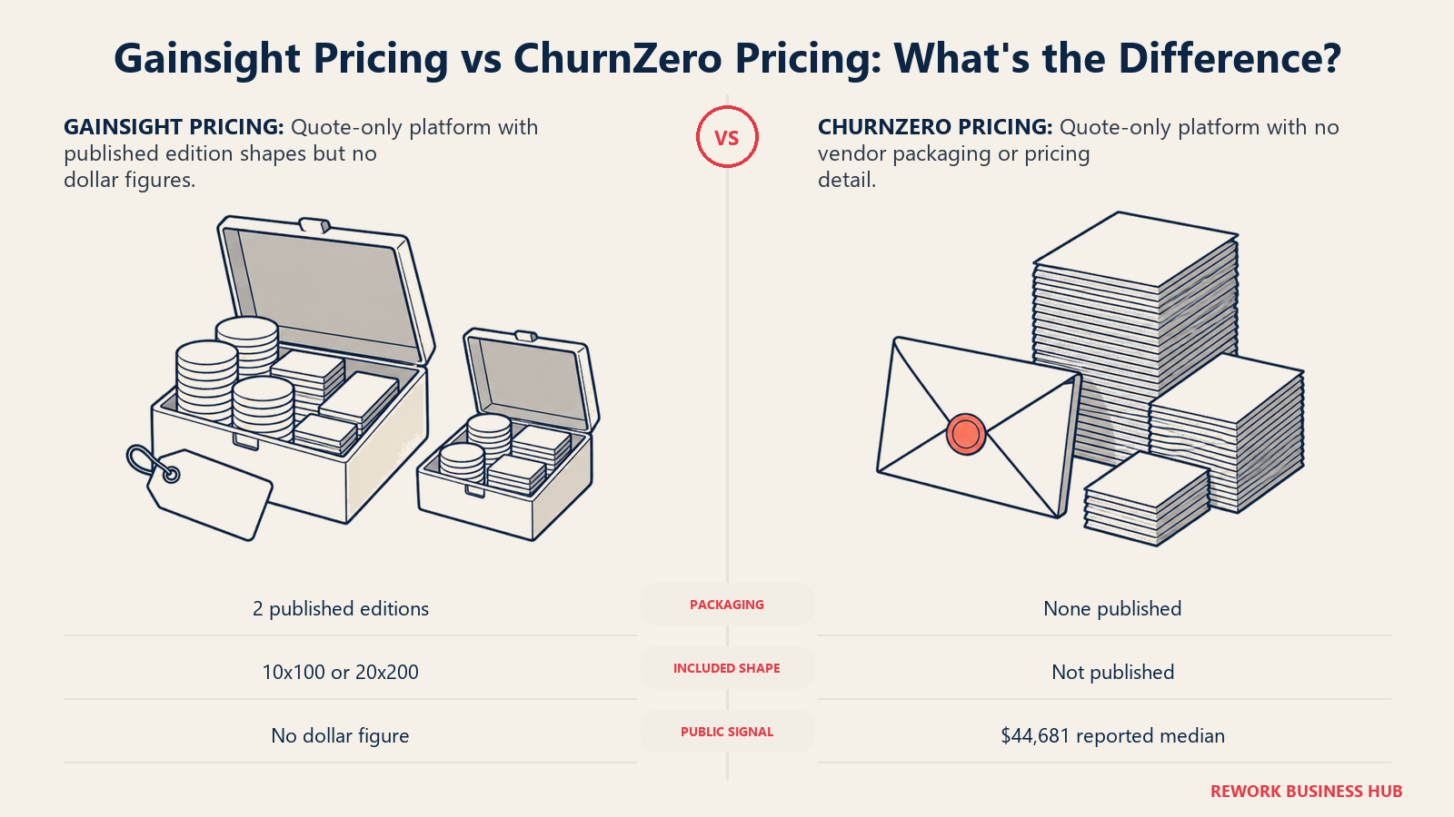 Gainsight and ChurnZero pricing transparency compared through published edition frames and a sealed quote envelope
