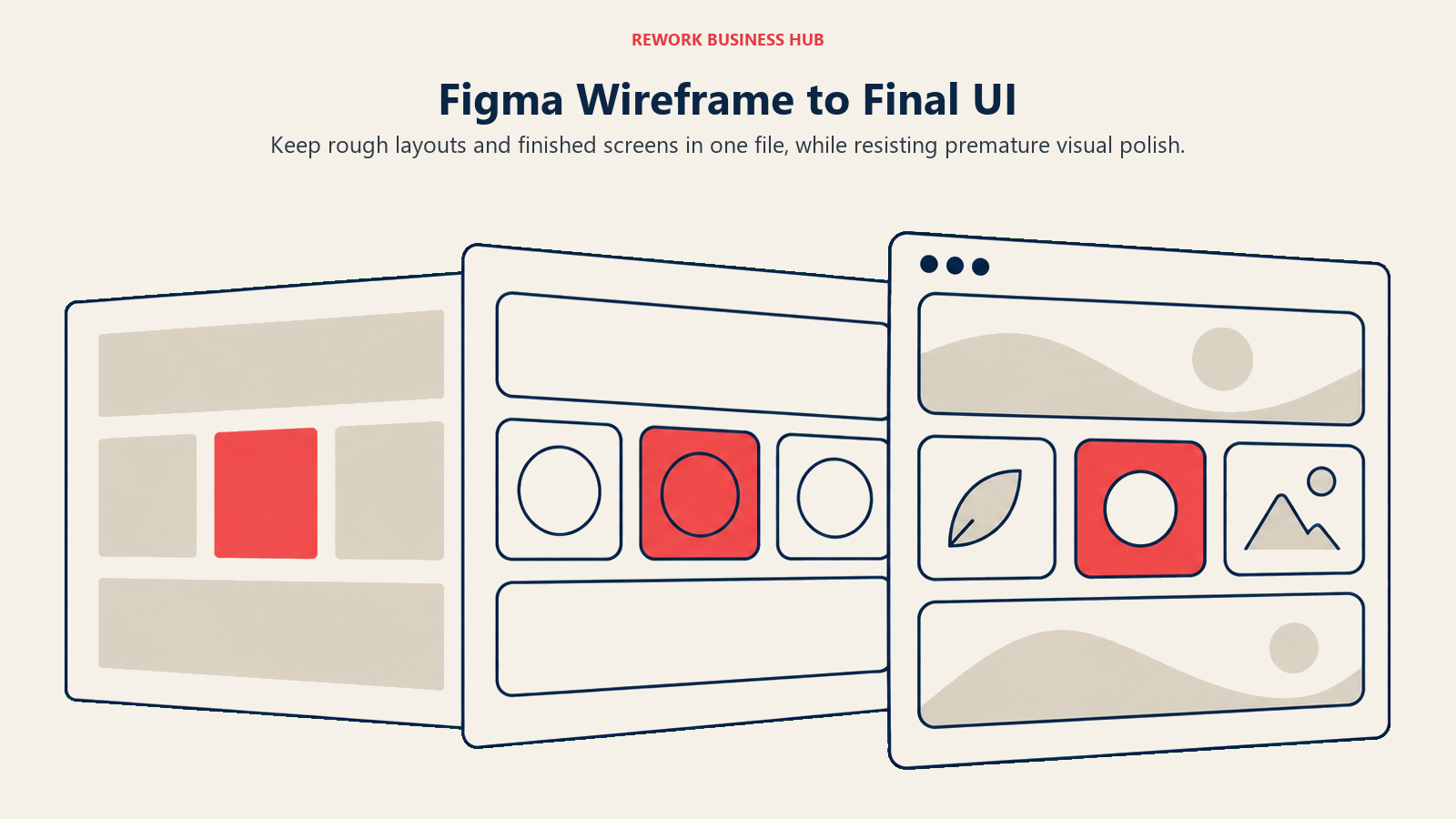 Figma wireframes progressing from structural blocks to finished interface designs