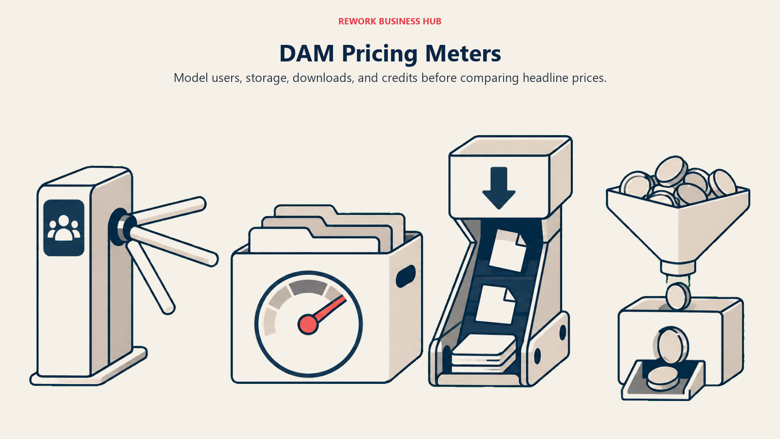DAM pricing meters for user access, storage, downloads, and credits