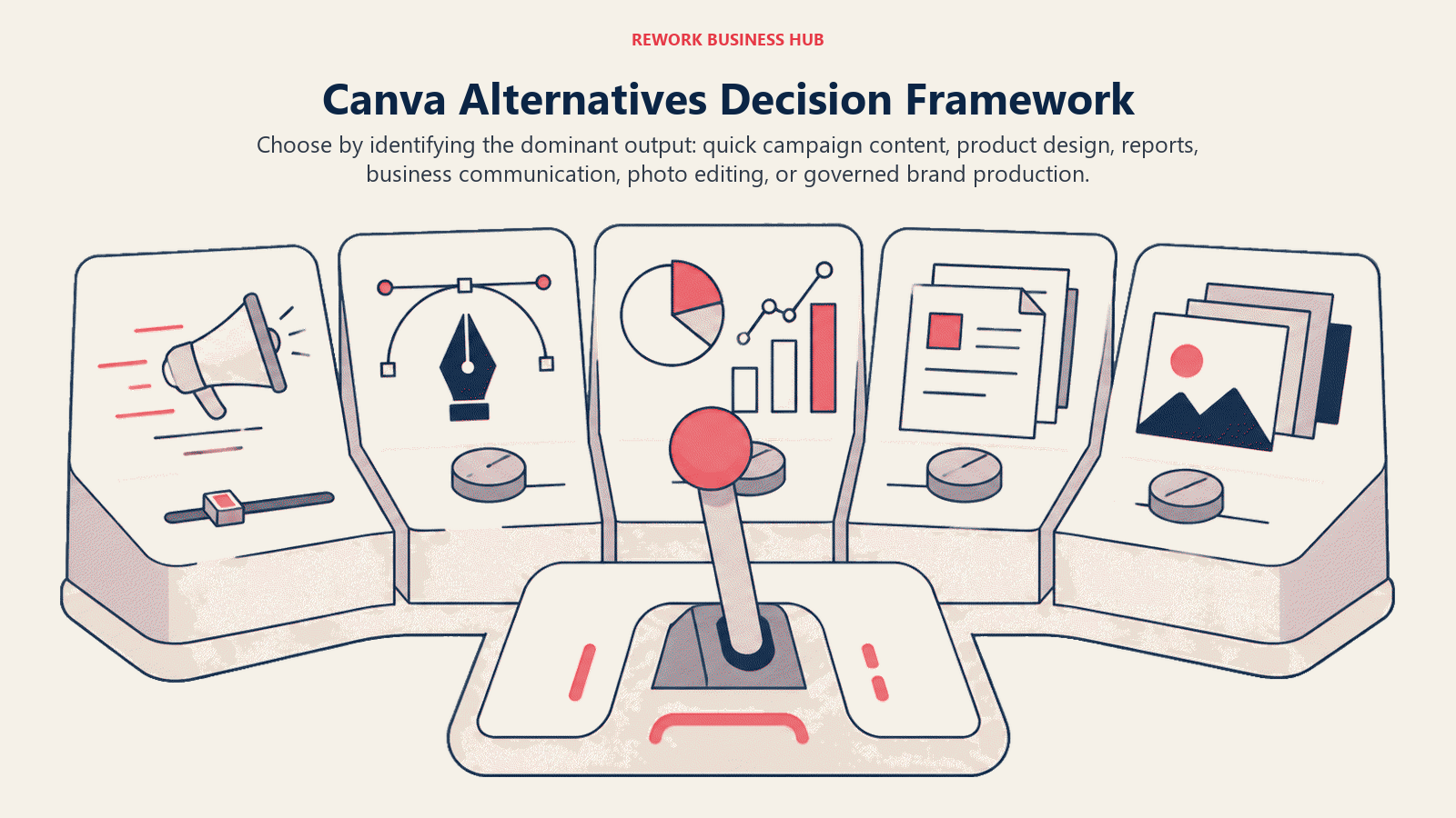 Canva Alternatives Decision Framework shown as decision routes for brand control, design depth, content format, team governance