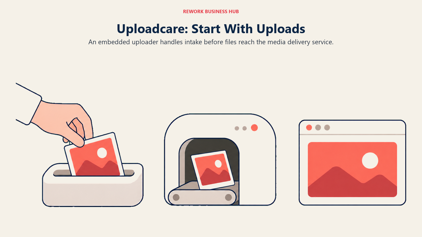 An upload slot feeds a processor and a media delivery window.