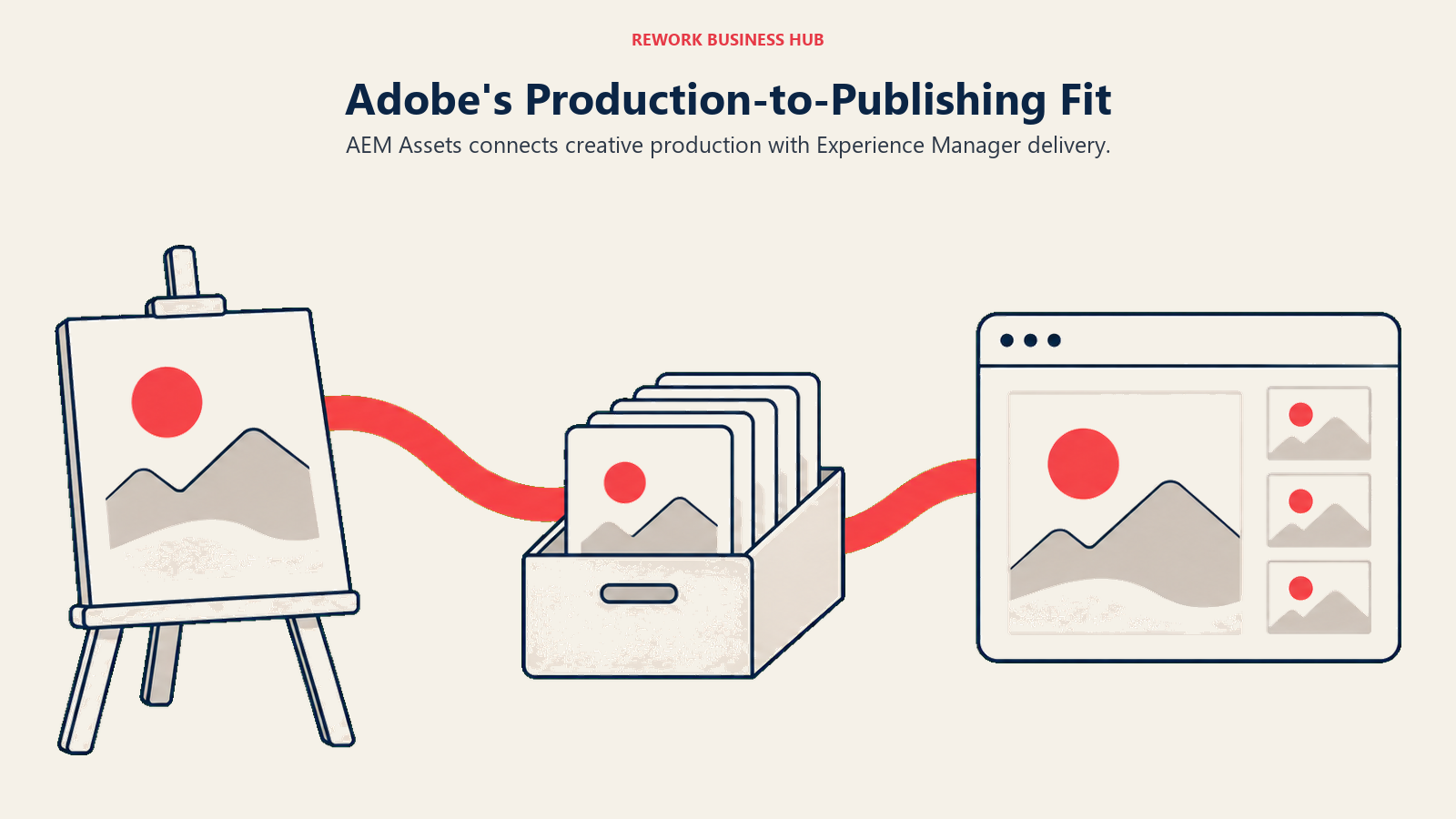 An easel, asset archive and website illustrate Adobe's production-to-publishing flow.