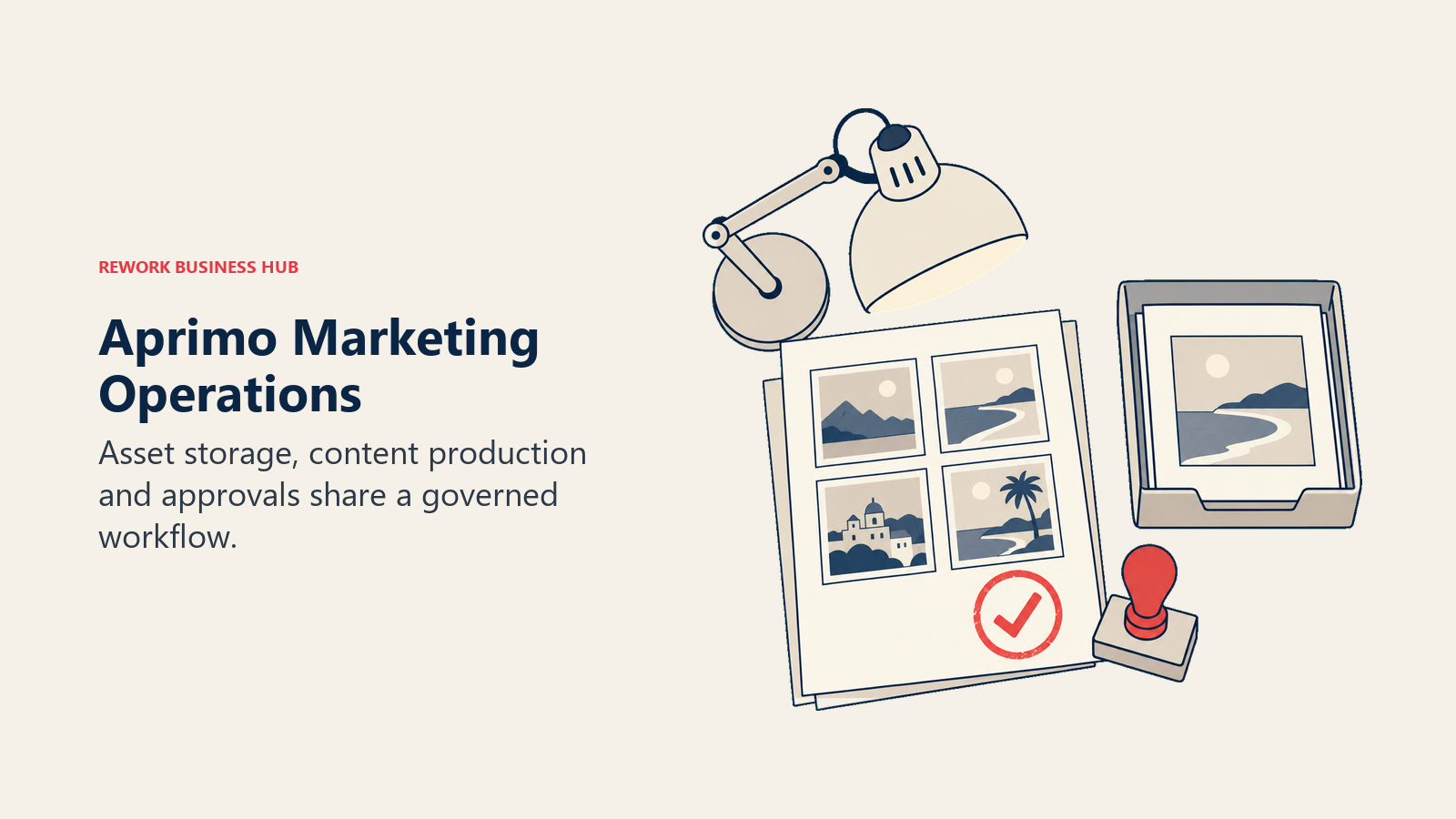 A proofing lamp, approval stamp and asset tray illustrate Aprimo's governed workflow.