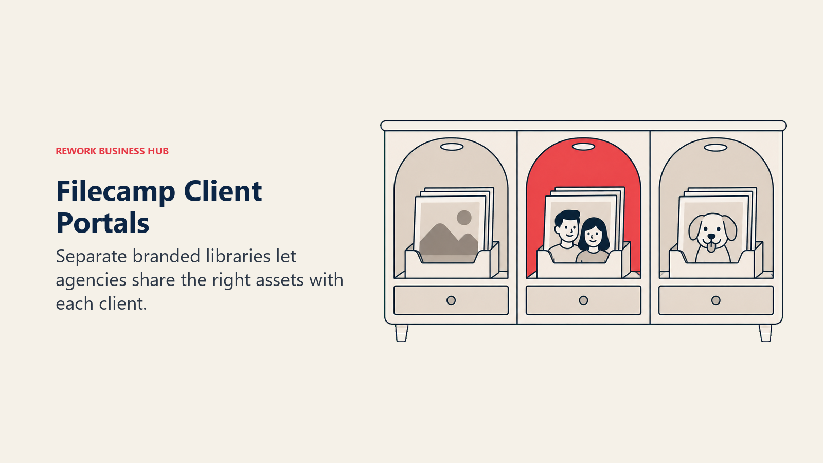 Separate client cubbies hold distinct branded asset collections.