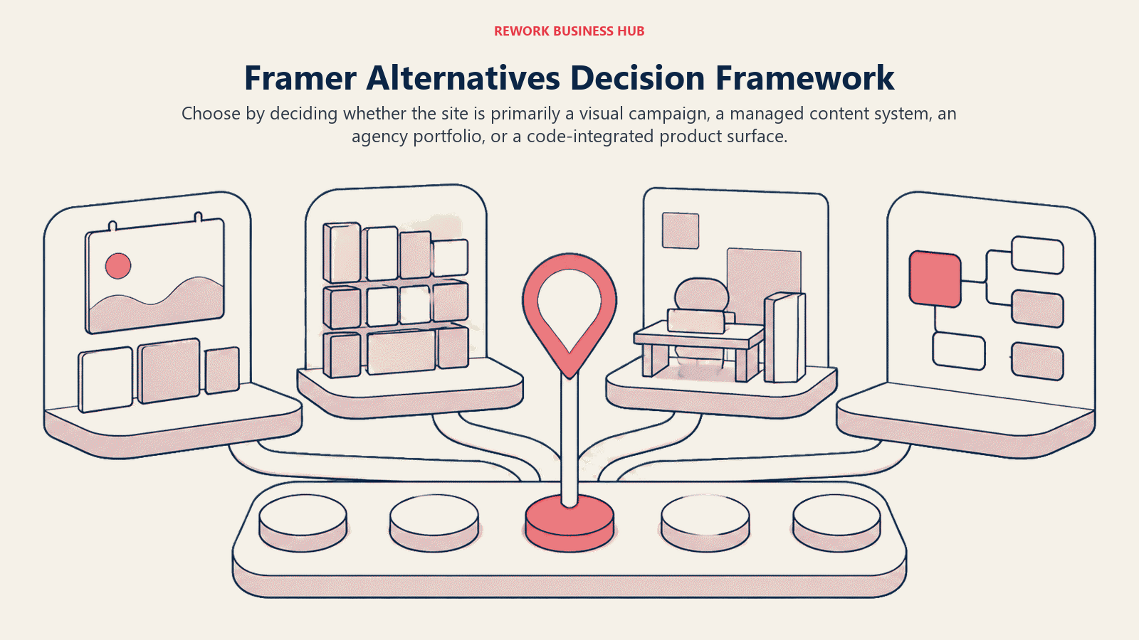 Framer Alternatives Decision Framework shown as decision routes for CMS depth, agency workflow, code integration, publishing simplicity