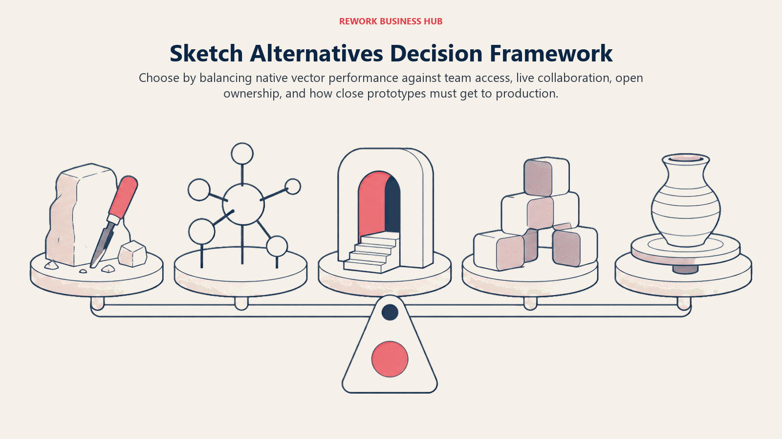 Sketch Alternatives Decision Framework shown as decision routes for platform support, collaboration, publishing, design systems