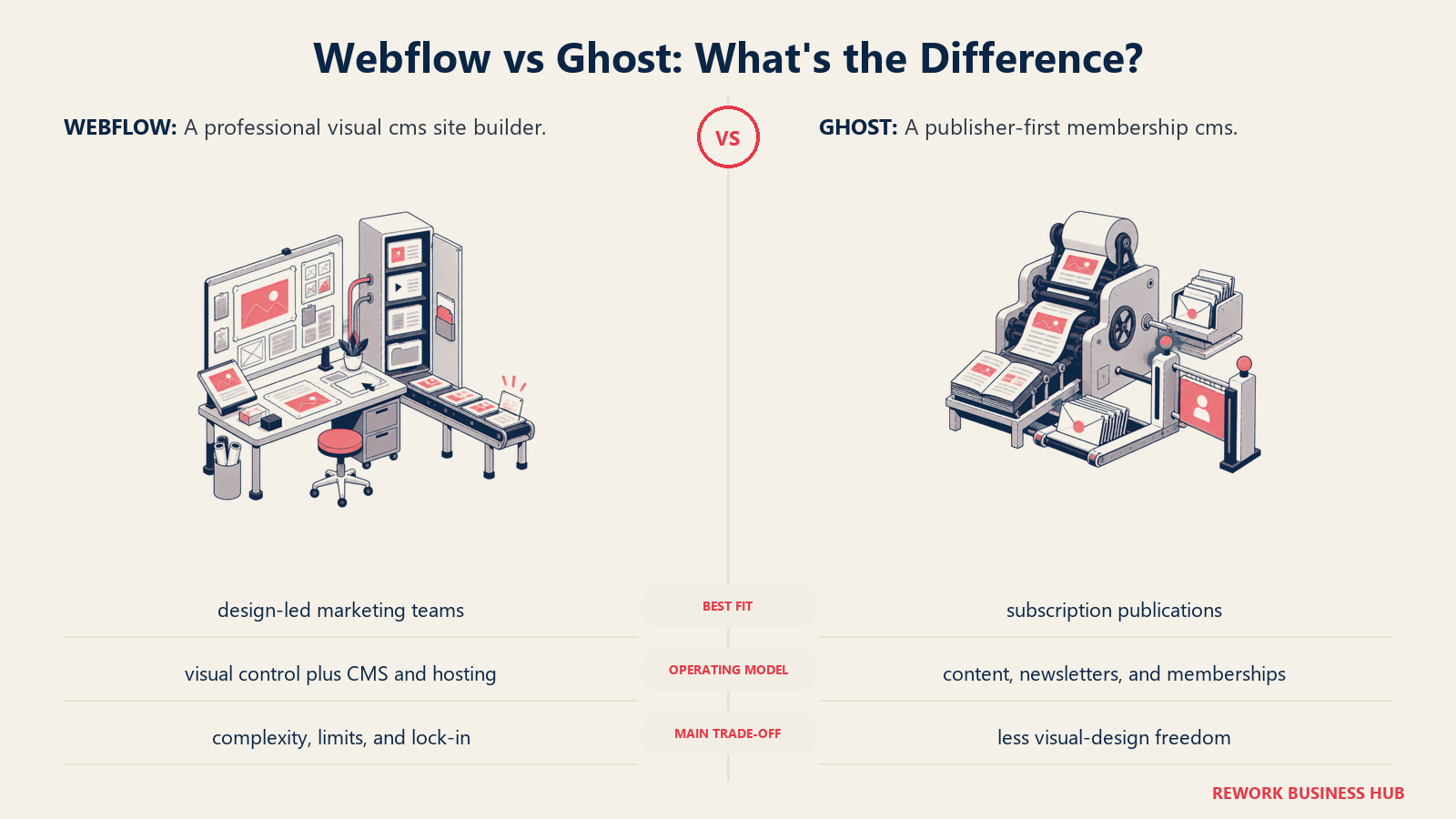 Webflow and Ghost compared through matched operating metaphors for which fits better?