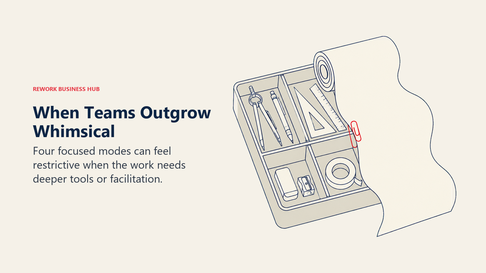 When Teams Outgrow Whimsical: neatly divided four-slot stationery tray holds simple drafting tools, while a large flowing roll of workshop paper extends beyond the tray and cannot fit inside