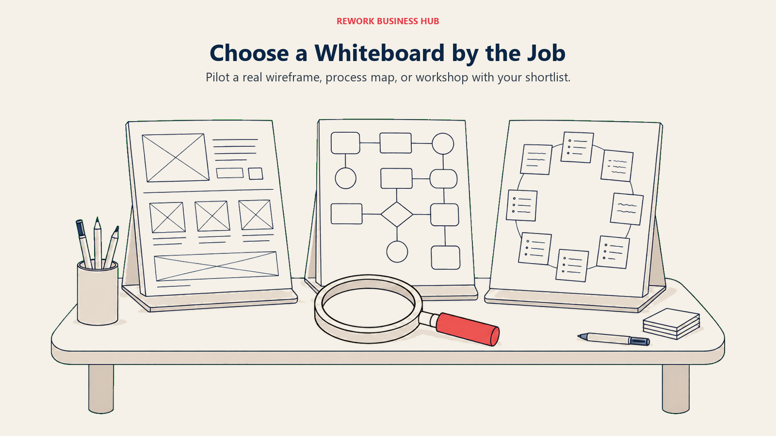 Choose a Whiteboard by the Job: Three spacious workstations along a wide studio bench each hold a different final artifact: a low-fidelity screen wireframe, an orderly process map, and a circle of workshop notes