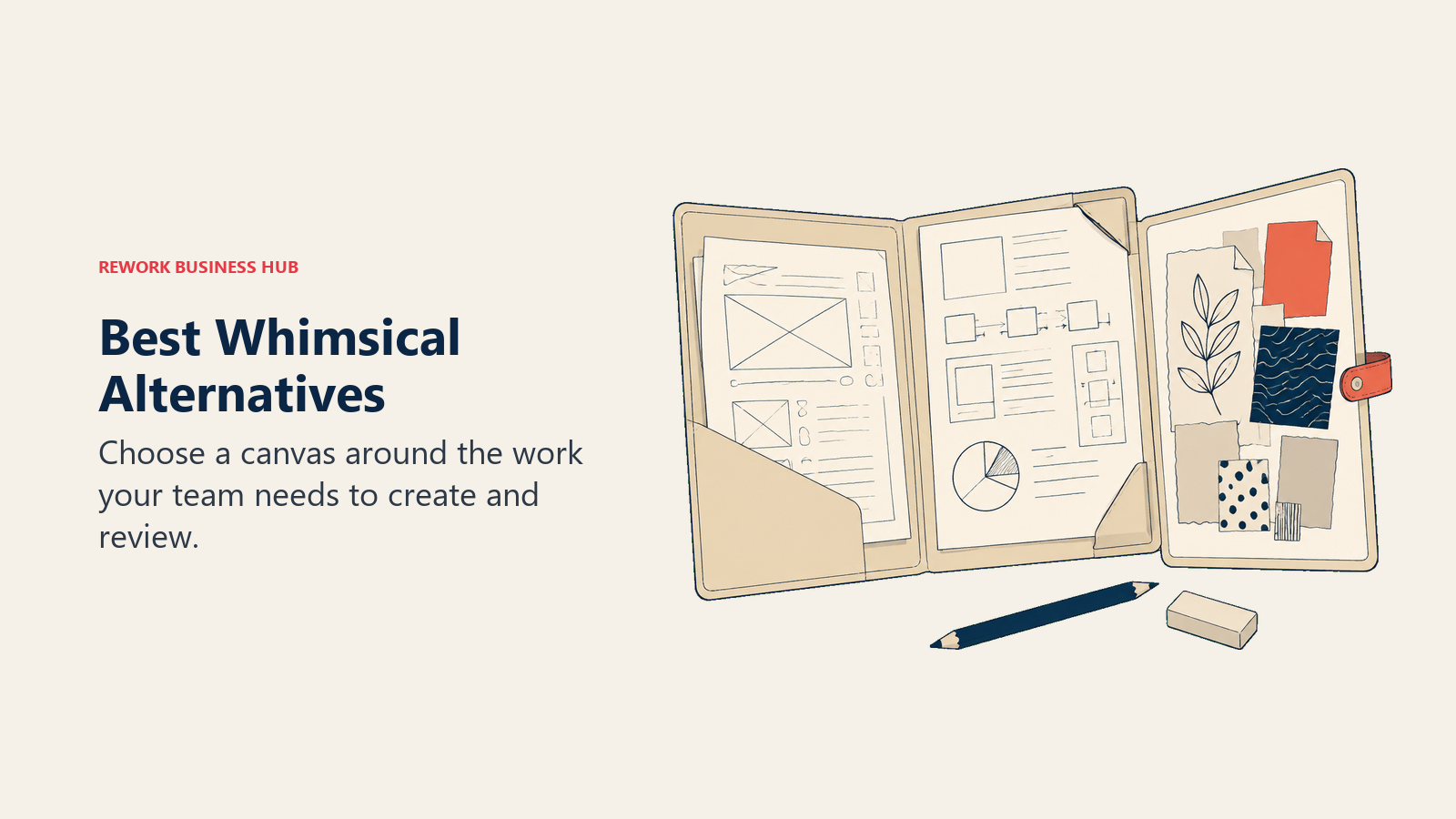 Best Whimsical Alternatives: open expandable drawing portfolio unfolds into three distinct surfaces: a rough wireframe sheet, a structured process sketch, and a freeform creative collage