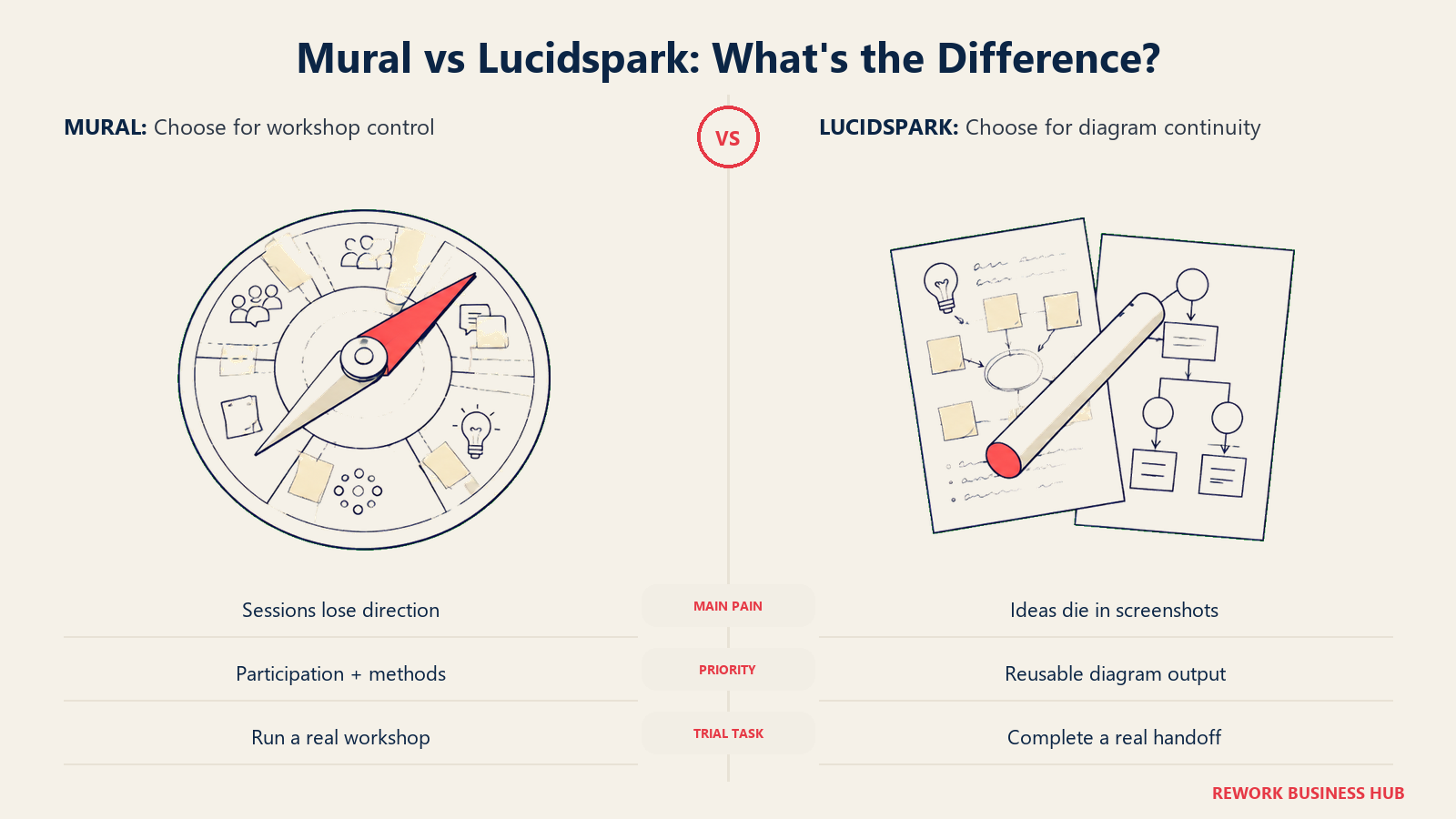 Mural and Lucidspark decision framework shown through session compass and handoff relay