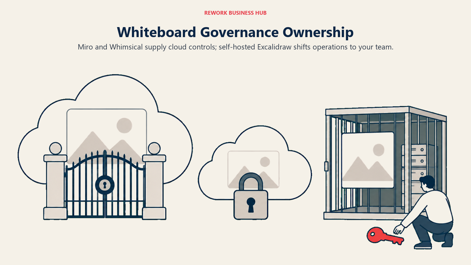 Cloud controls and a locally managed server show whiteboard governance responsibilities.