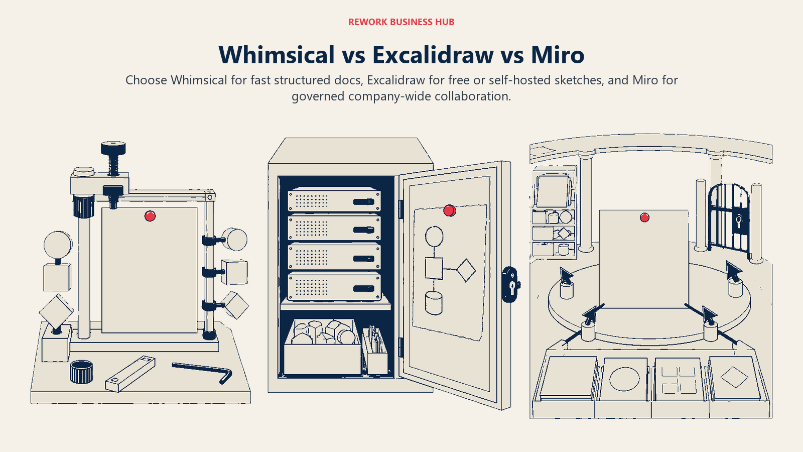 Whimsical, Excalidraw, and Miro compared as structured drafting, self-hosted sketching, and governed collaboration canvases