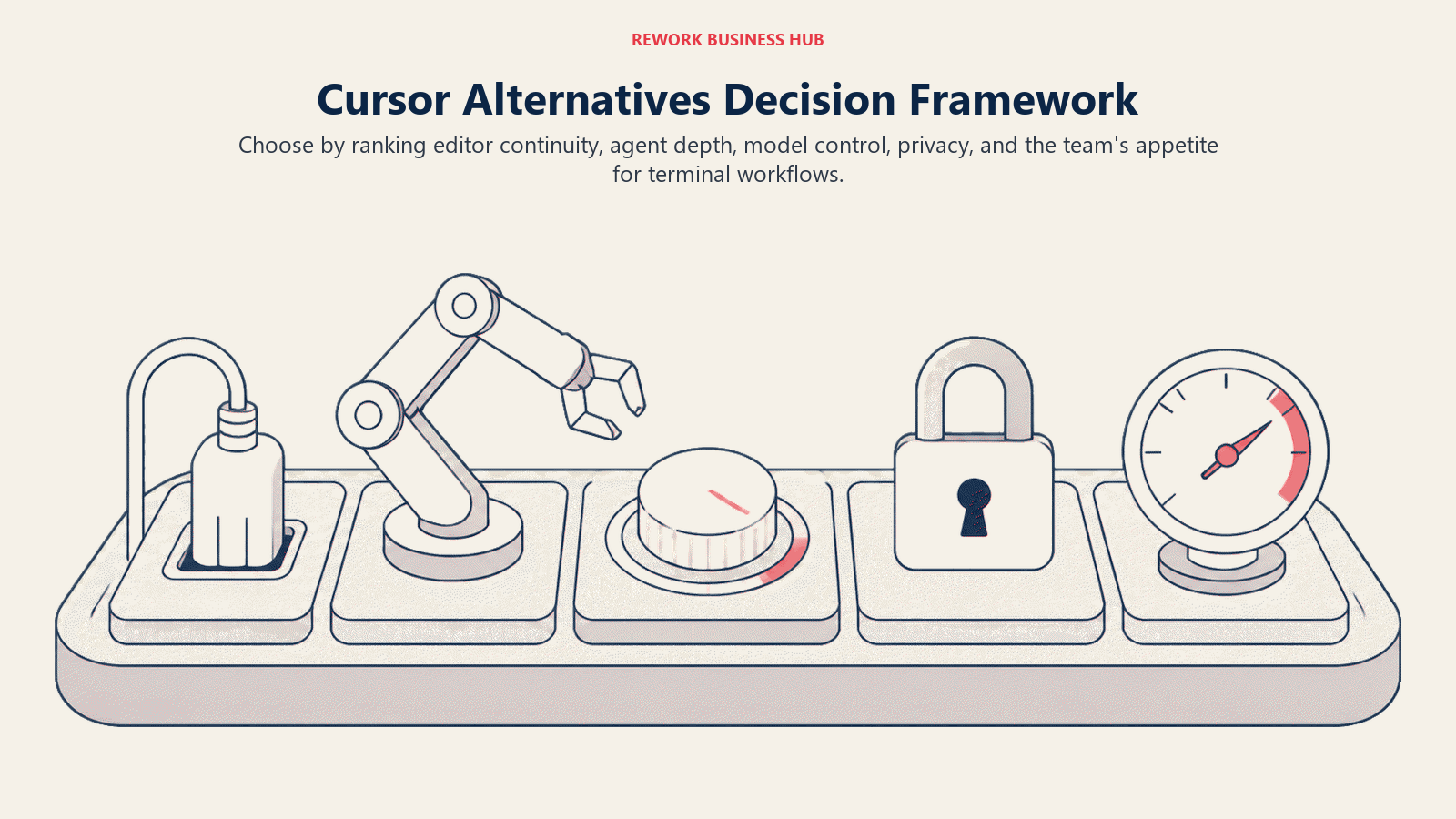 Cursor Alternatives Decision Framework shown as decision routes for IDE fit, agent autonomy, cost predictability, code privacy