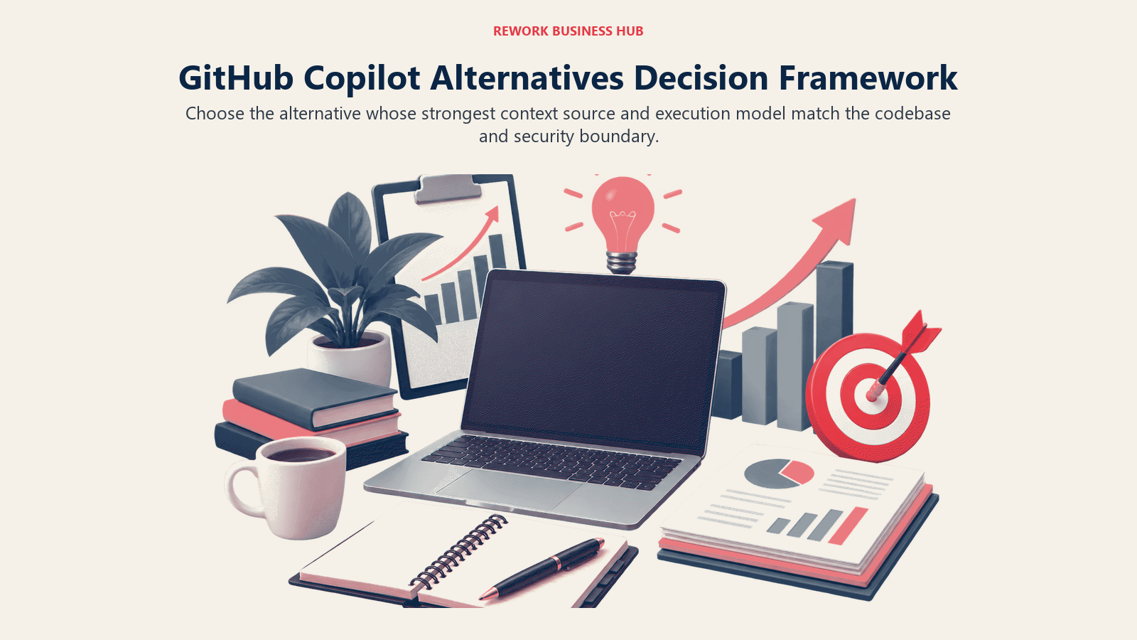 GitHub Copilot Alternatives Decision Framework shown as decision routes for IDE breadth, repository context, privacy, agent control
