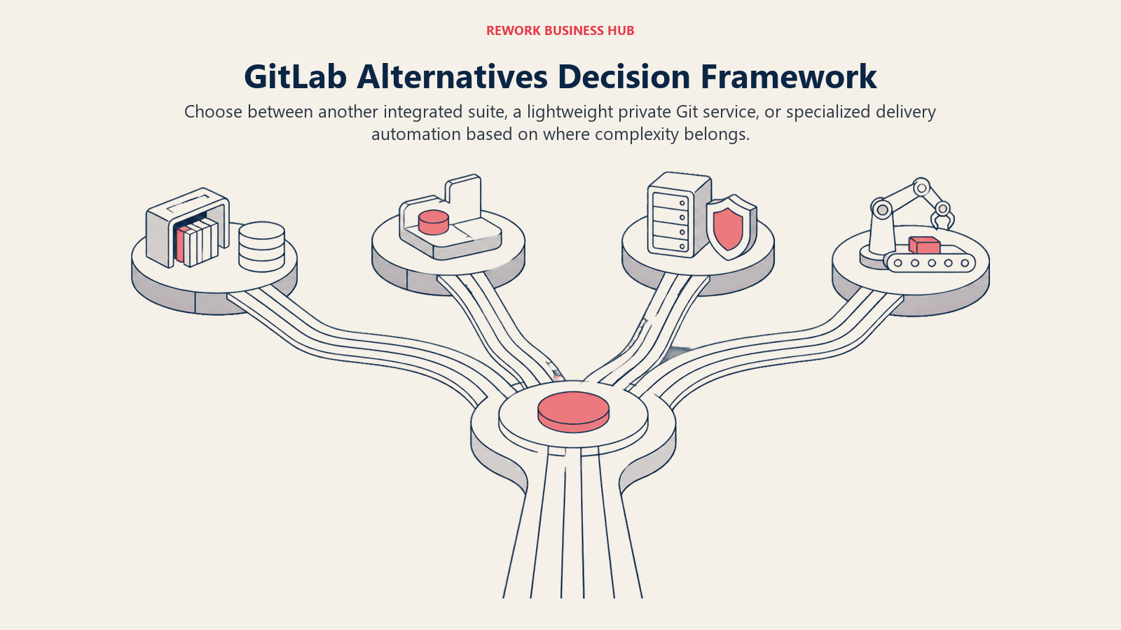 GitLab Alternatives Decision Framework shown as decision routes for repo hosting, CI/CD depth, self-hosting, ecosystem fit