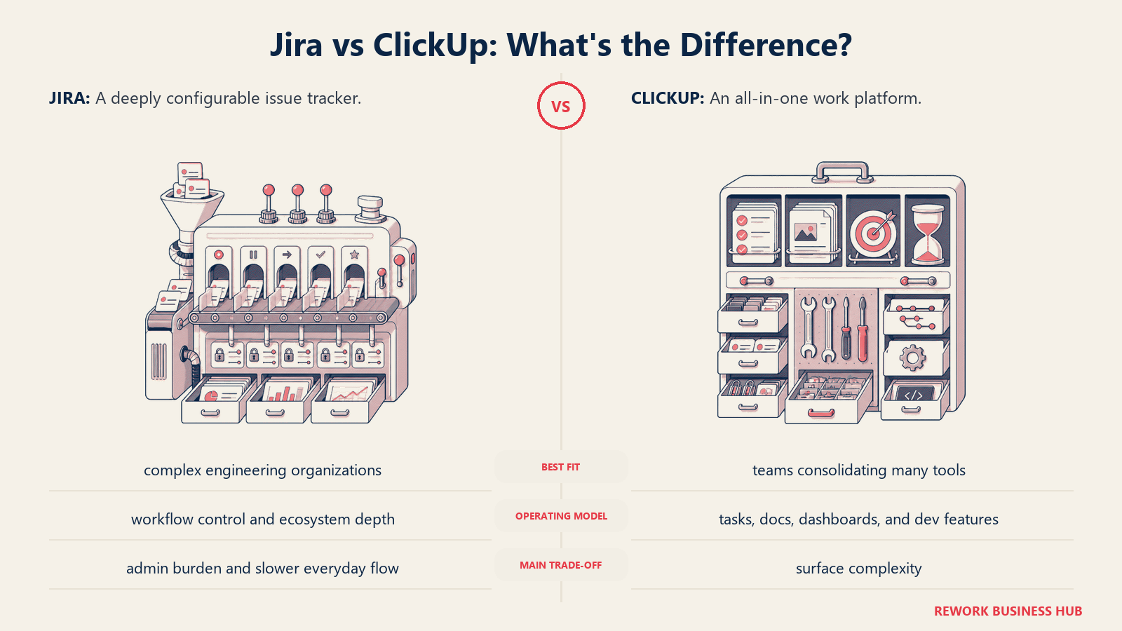 Jira and ClickUp compared through matched operating metaphors for which fits better?