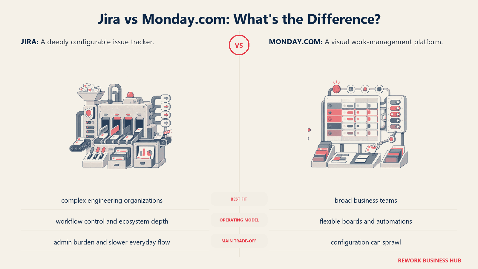 Jira and Monday.com compared through matched operating metaphors for which fits better?