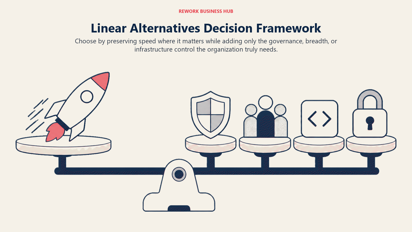 Linear Alternatives Decision Framework shown as decision routes for workflow depth, team breadth, self-hosting, code proximity