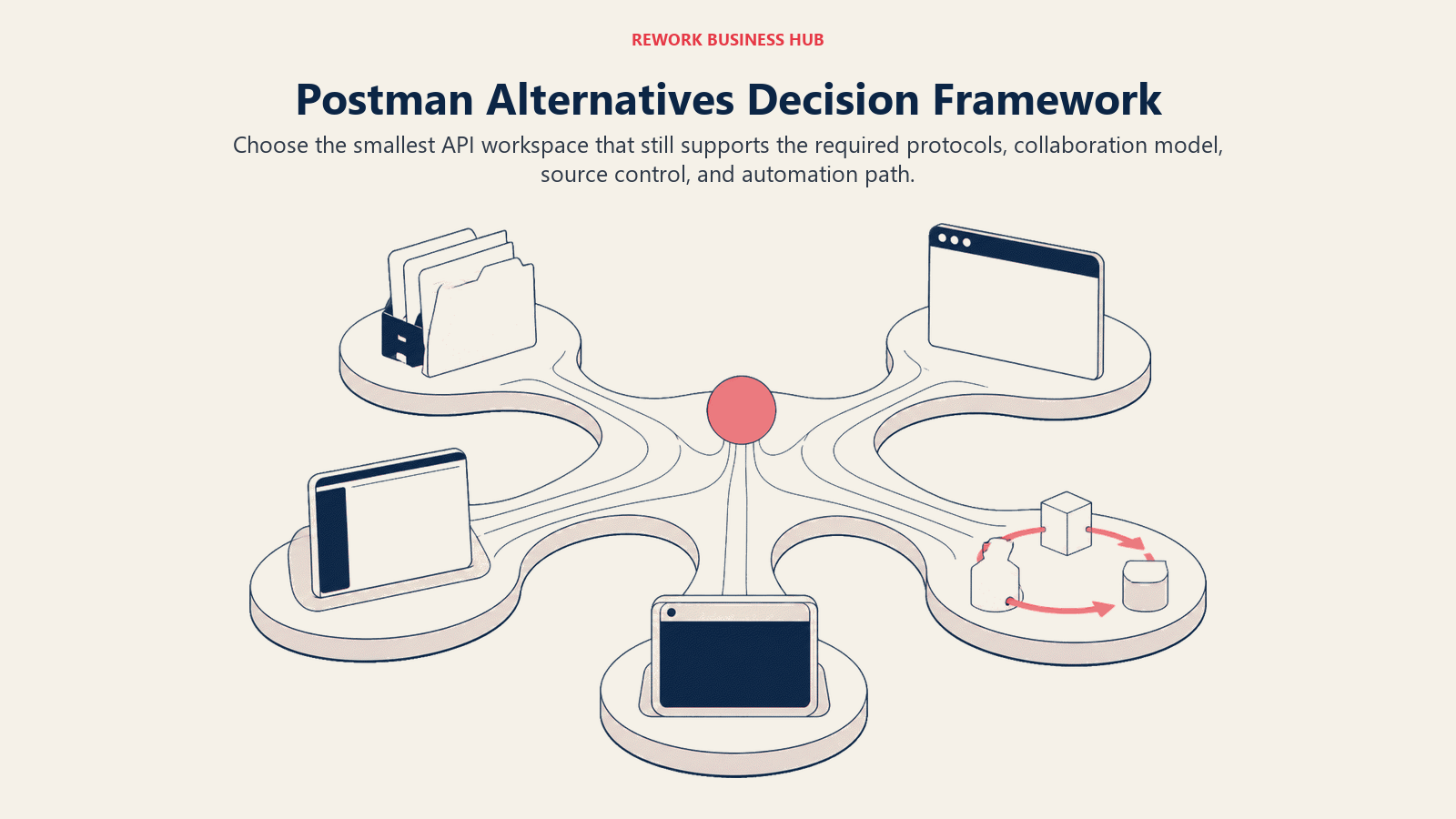 Postman Alternatives Decision Framework shown as decision routes for local files, protocols, team lifecycle, editor workflow