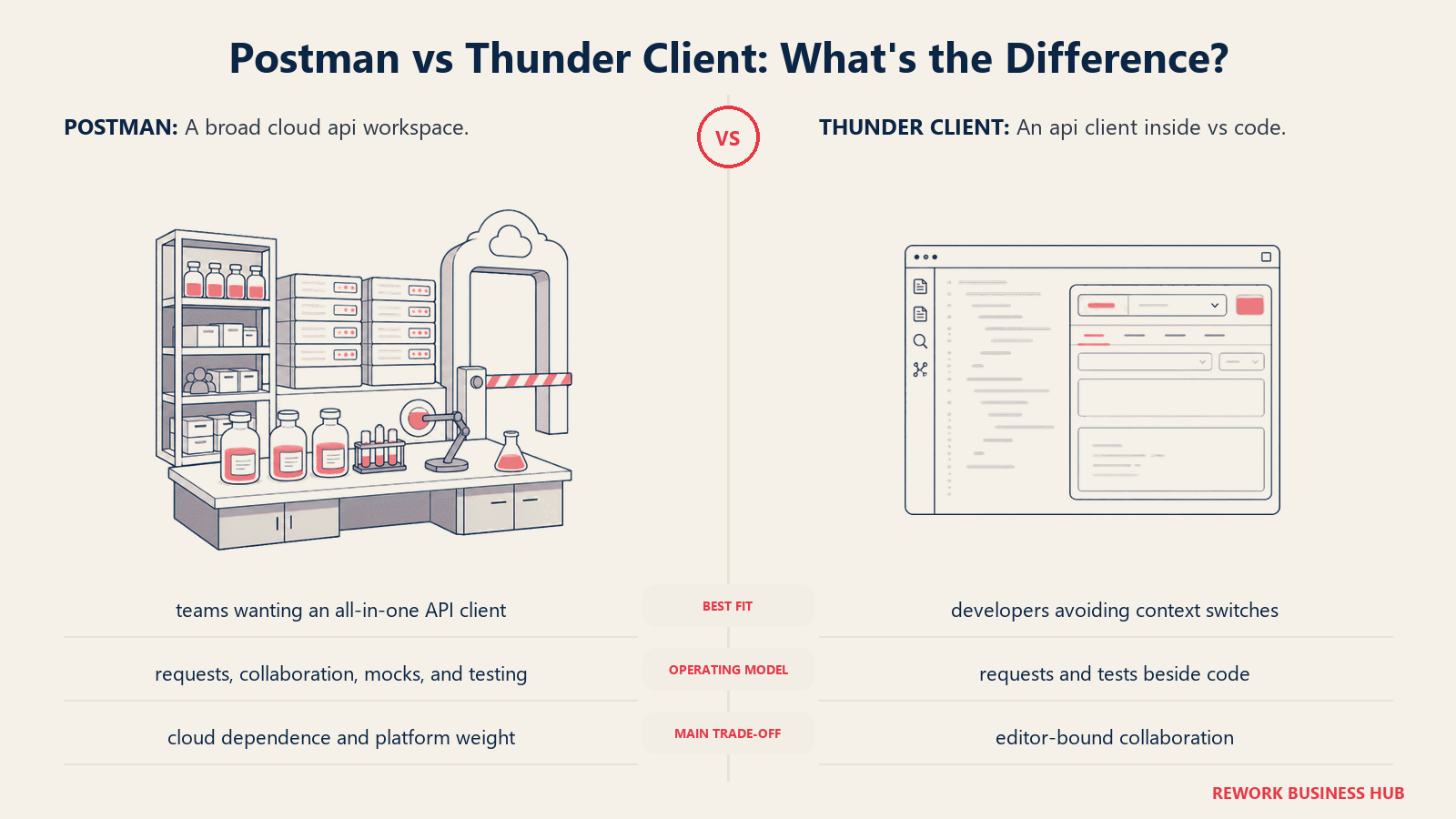 Postman and Thunder Client compared through matched operating metaphors for which fits better?