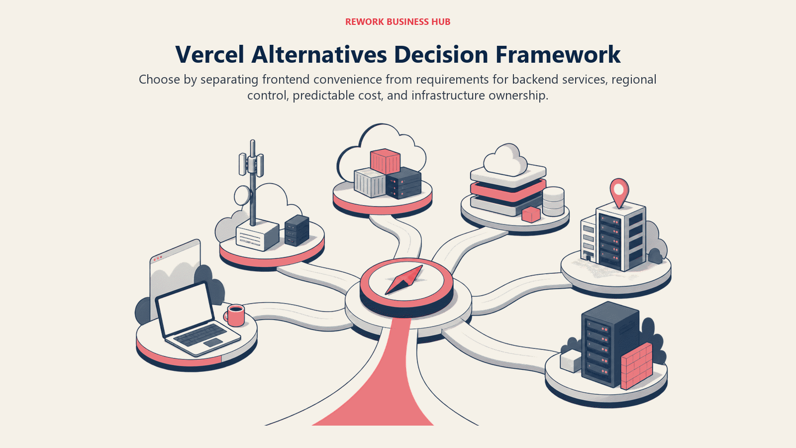 Vercel Alternatives Decision Framework shown as decision routes for frontend focus, full-stack depth, edge reach, infrastructure control
