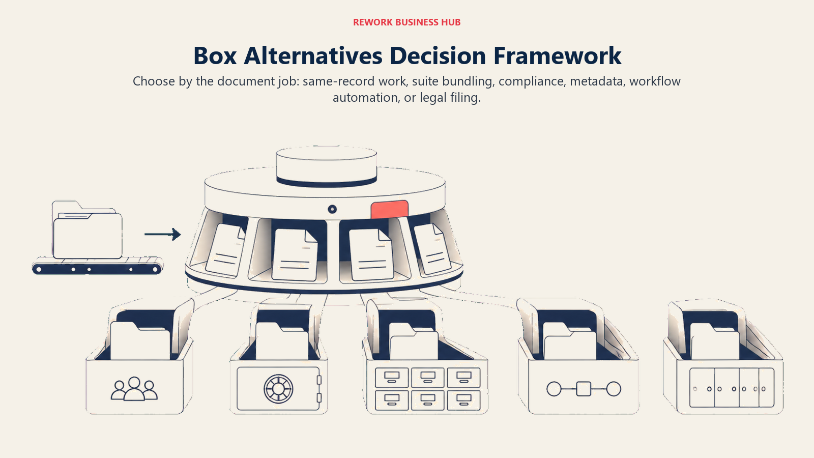 Document triage carousel sorting one folder toward suite, compliance, metadata, workflow, and legal filing destinations