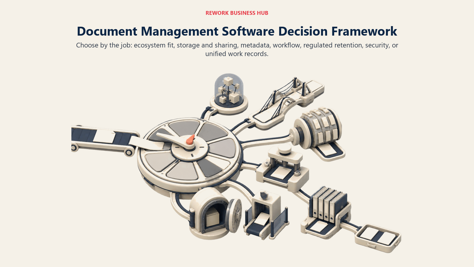 Document software selector sorting ecosystem, sharing, metadata, workflow, retention, security, and unified-record needs