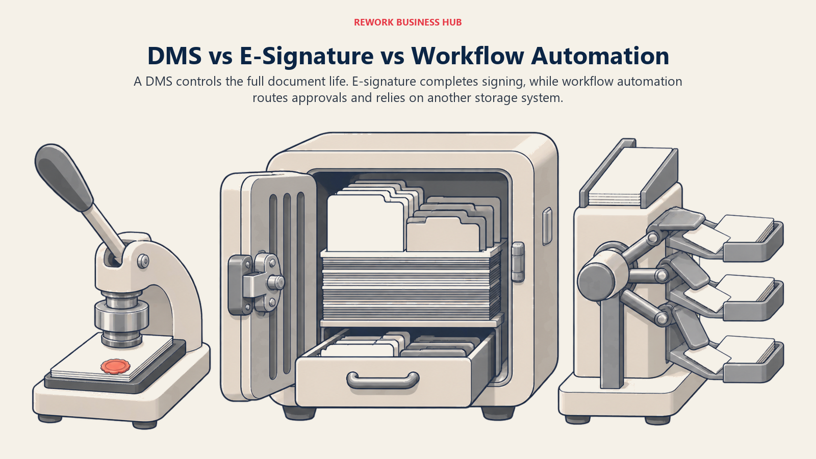 Document management archive, e-signature seal, and workflow router shown as three distinct tools around one document