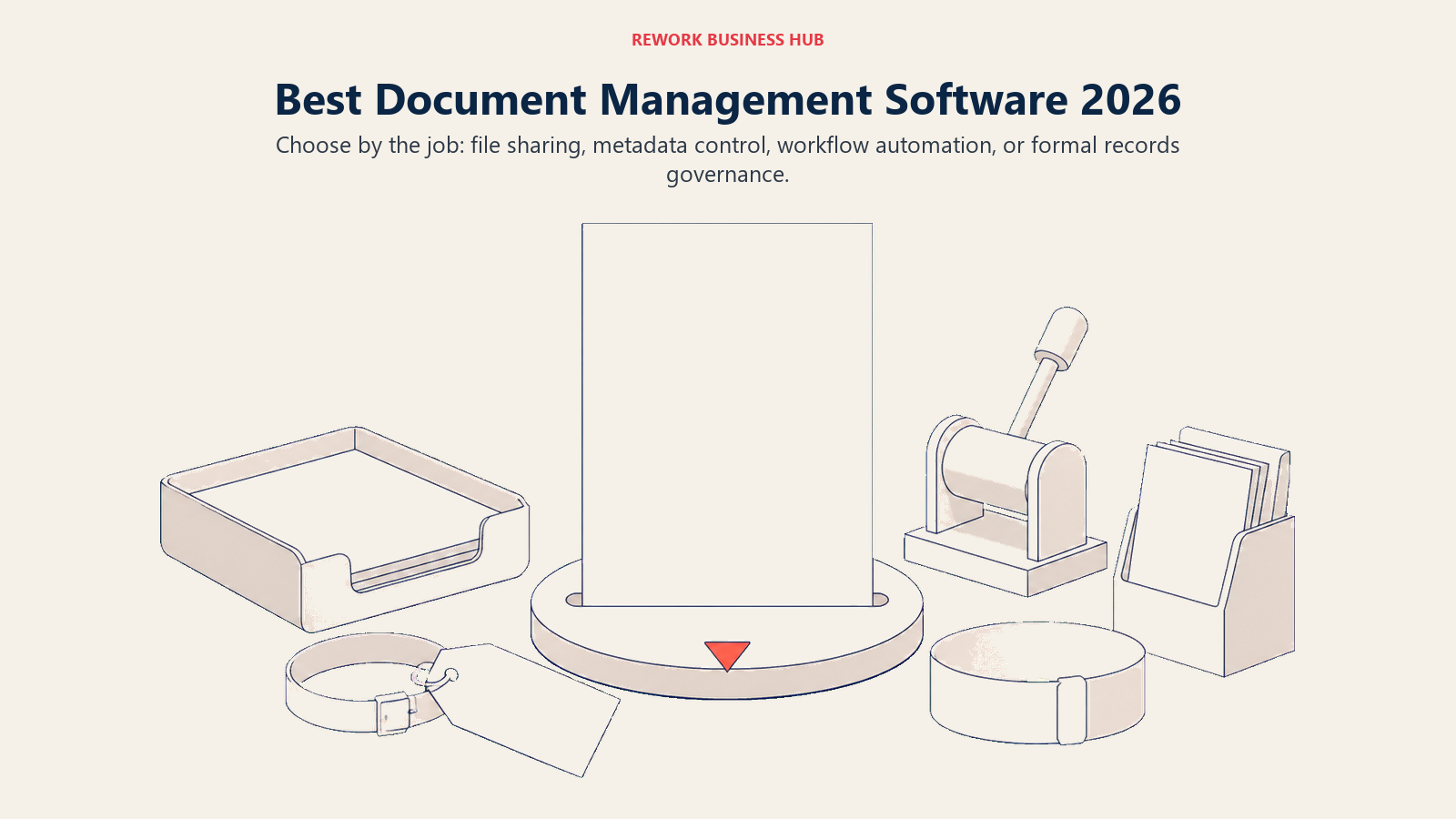 Best document management software shown as one document on a workbench with tools for sharing, metadata, approvals, and retention