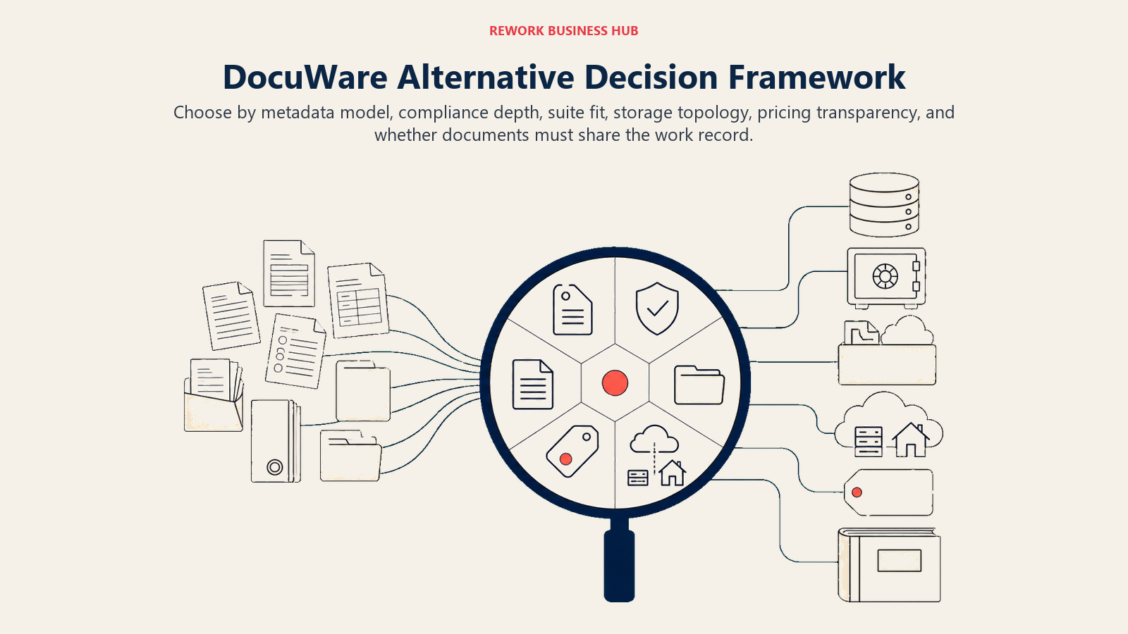 DocuWare alternative decision framework shown as a six-facet selector testing mixed documents for metadata, compliance, suite, storage, price, and work-record fit