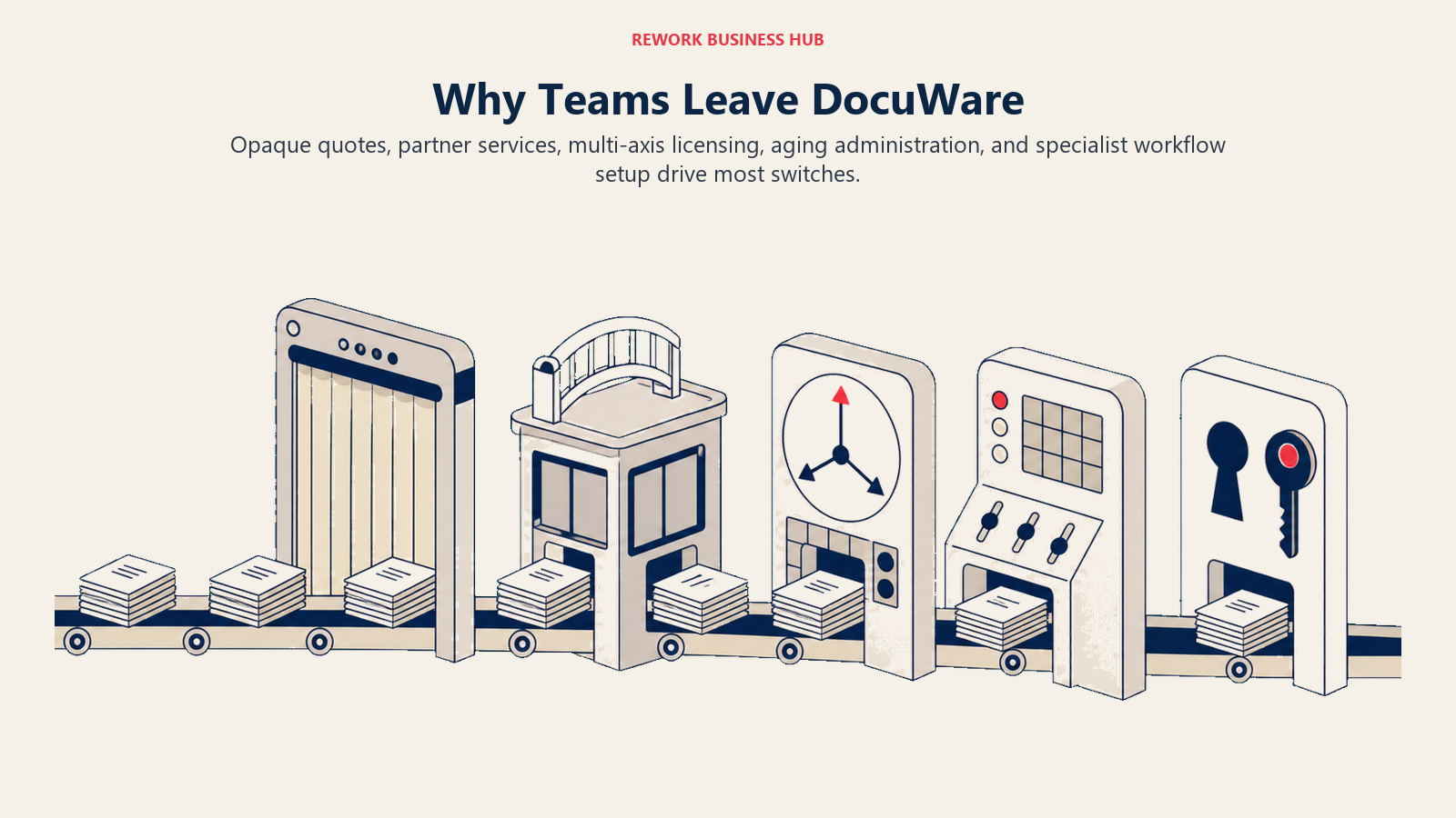 Why teams leave DocuWare shown as document packets facing quote, partner, licensing, aging-admin, and specialist-workflow toll barriers