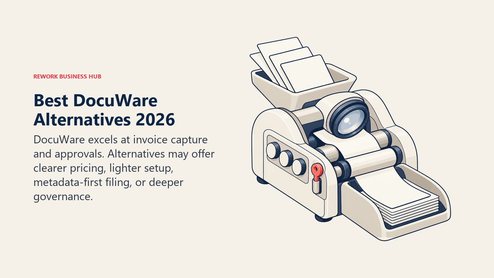 Best DocuWare alternatives shown as documents entering a capture press and leaving through flexible approval routes