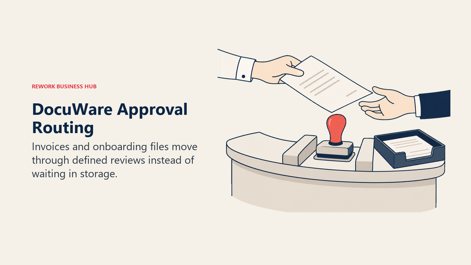 An invoice passes between reviewers above an approval station.