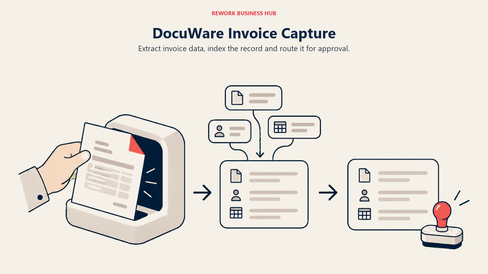 A scanner extracts invoice fields and routes the indexed document for approval.