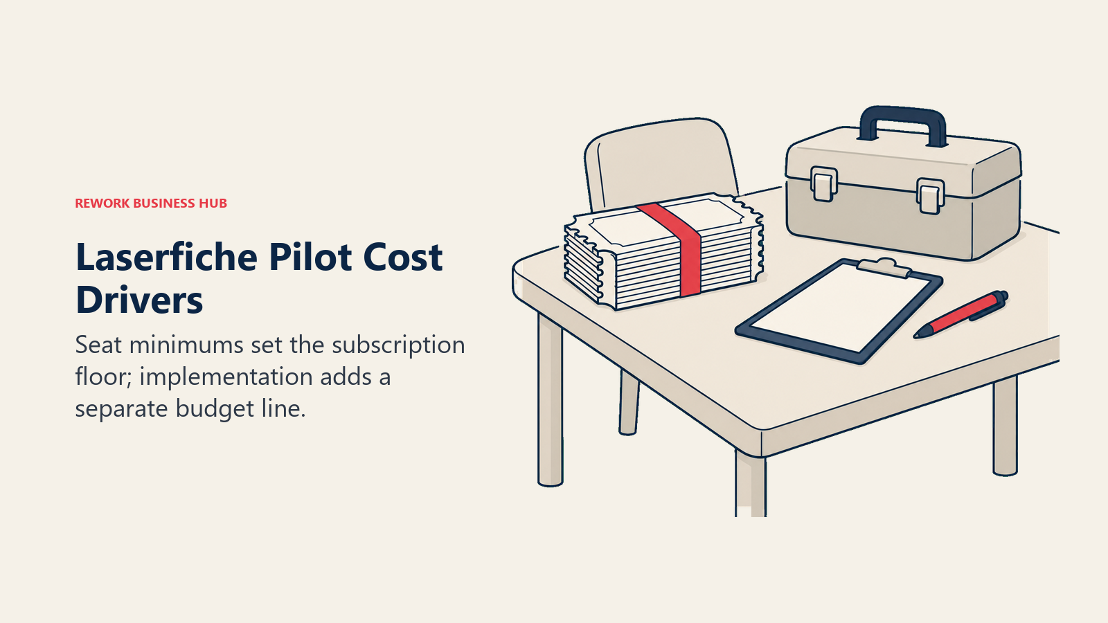 Bundled seats and an implementation tool case show separate Laserfiche pilot cost drivers.