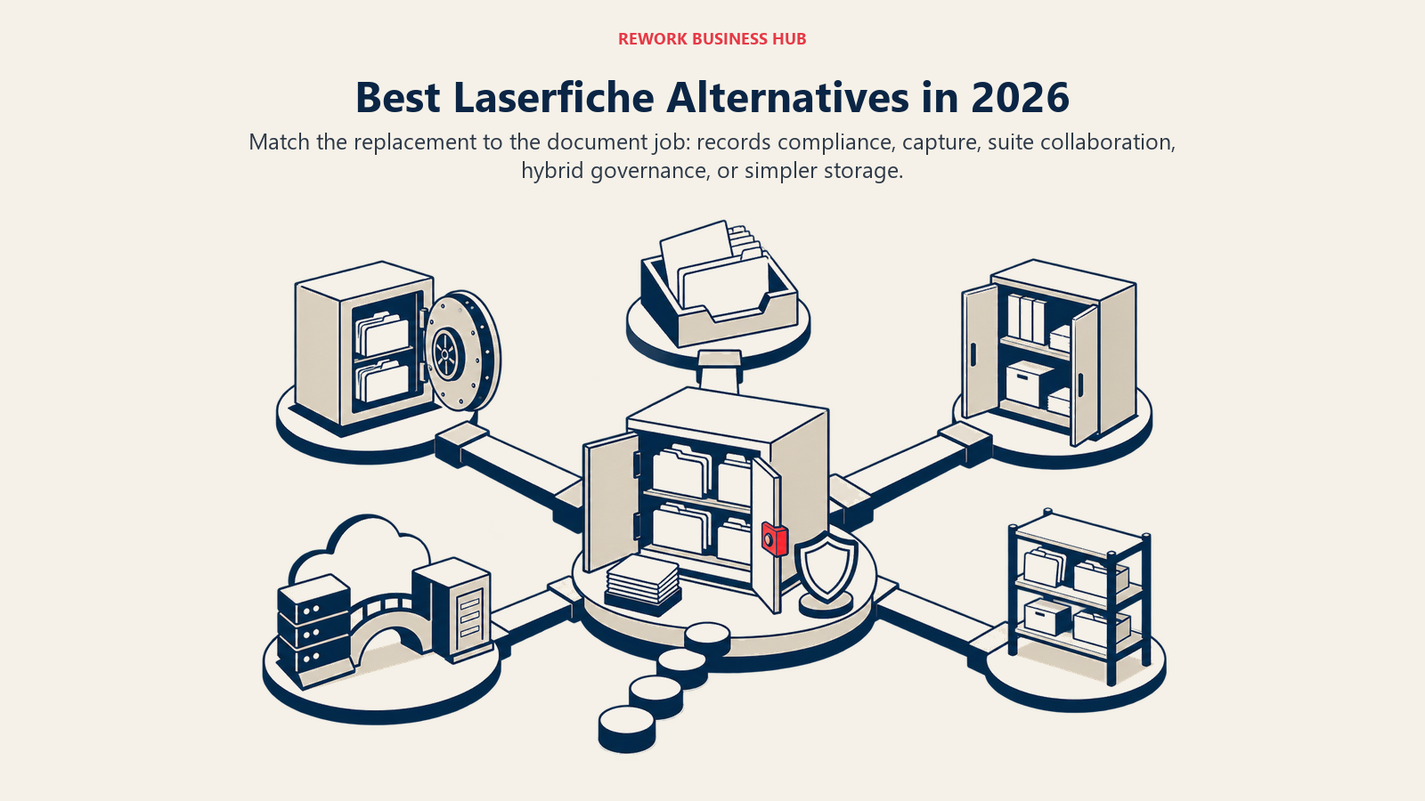 Laserfiche alternatives mapped from a records-compliance archive toward lighter storage, Microsoft collaboration, hybrid governance, and unified work records