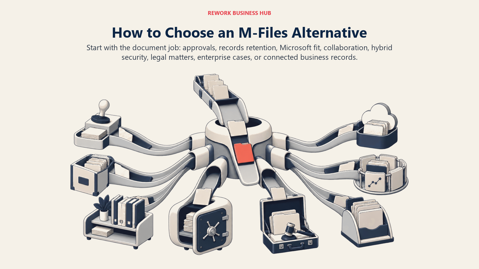 M-Files alternative decision framework routing documents to approvals, records, Microsoft collaboration, hybrid security, legal matters, cases, and connected records