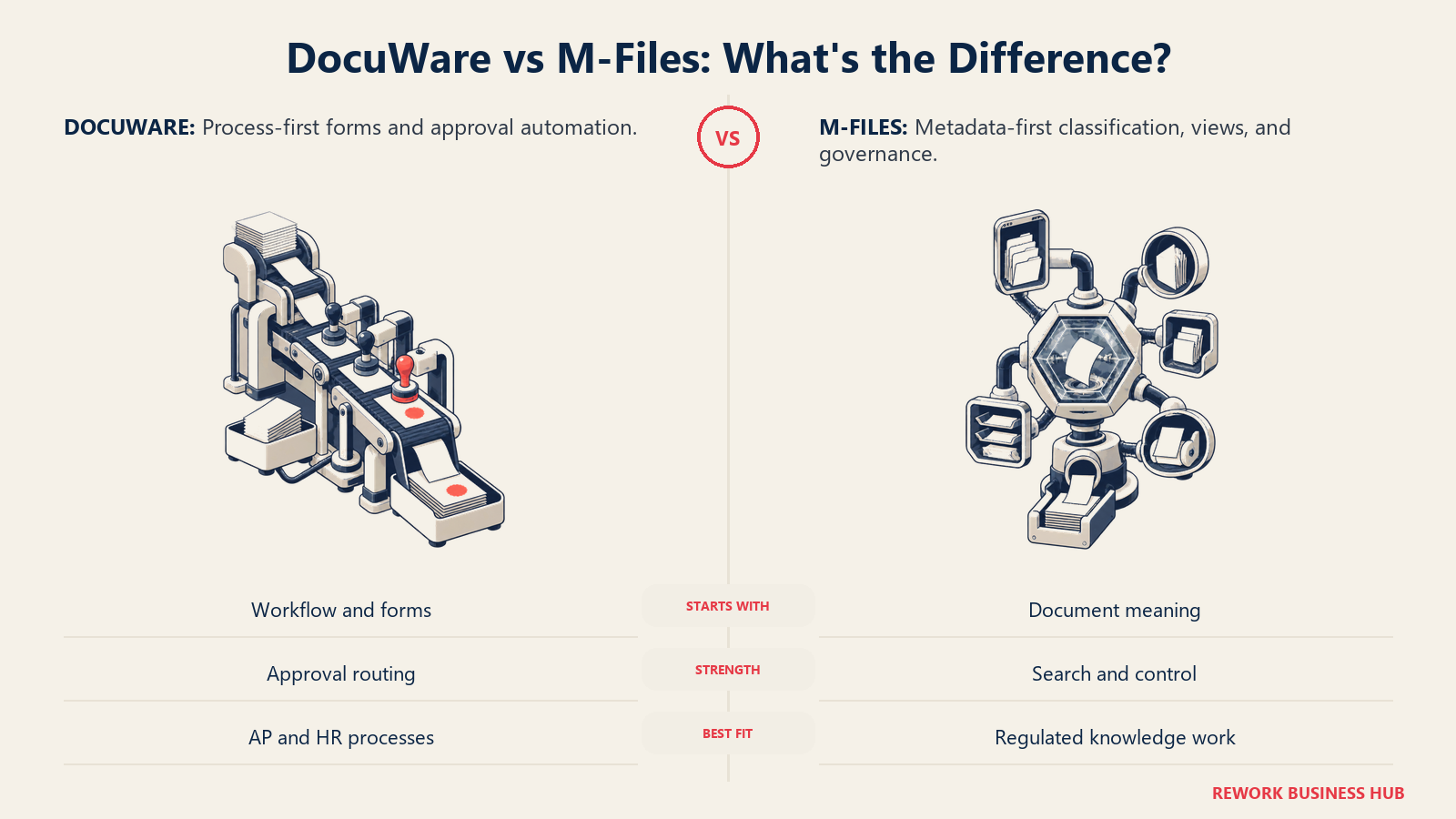 DocuWare forms and approval workflow compared with M-Files metadata-driven document vault