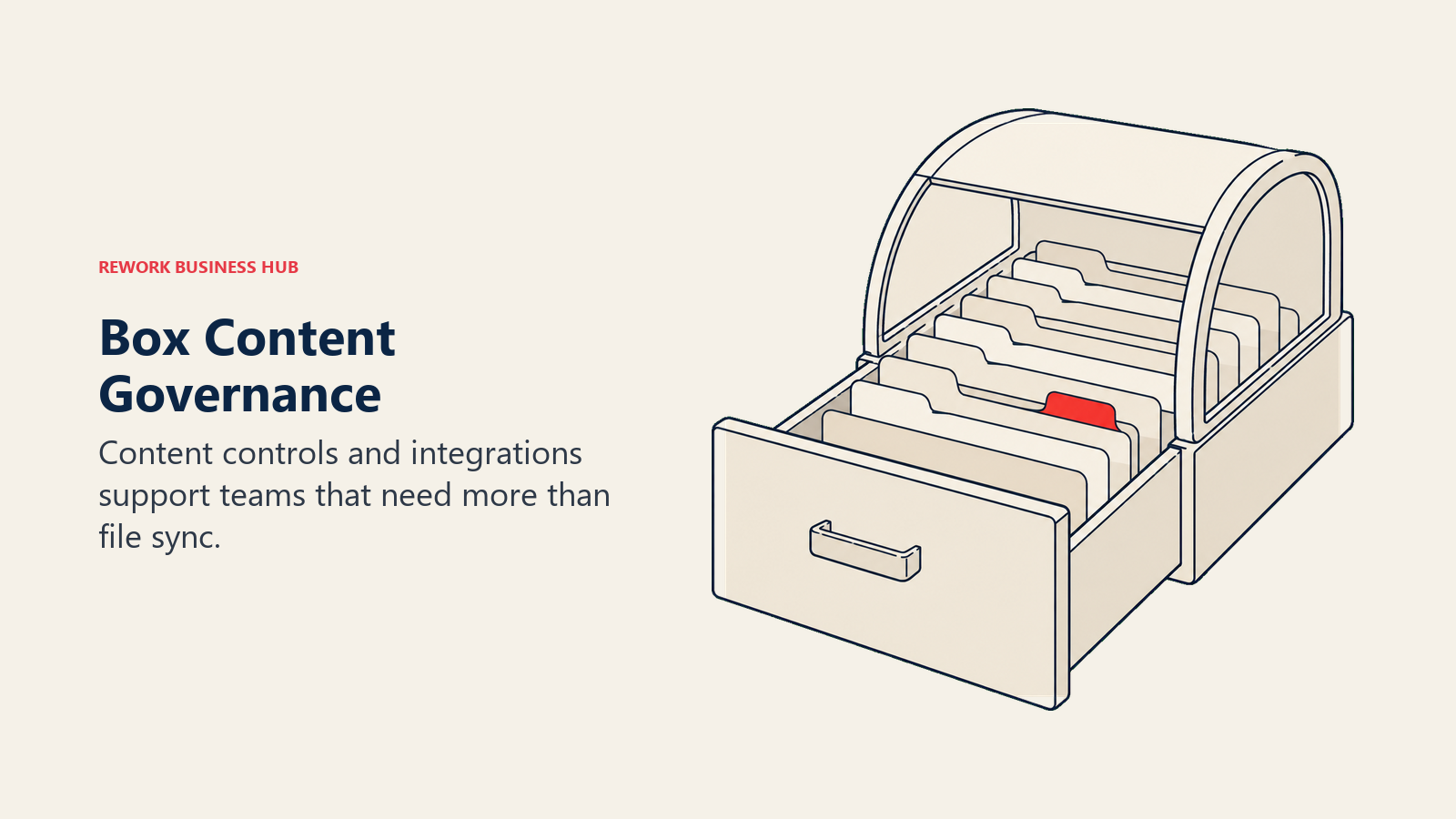 Archive drawers and an open file case illustrating Box content governance.