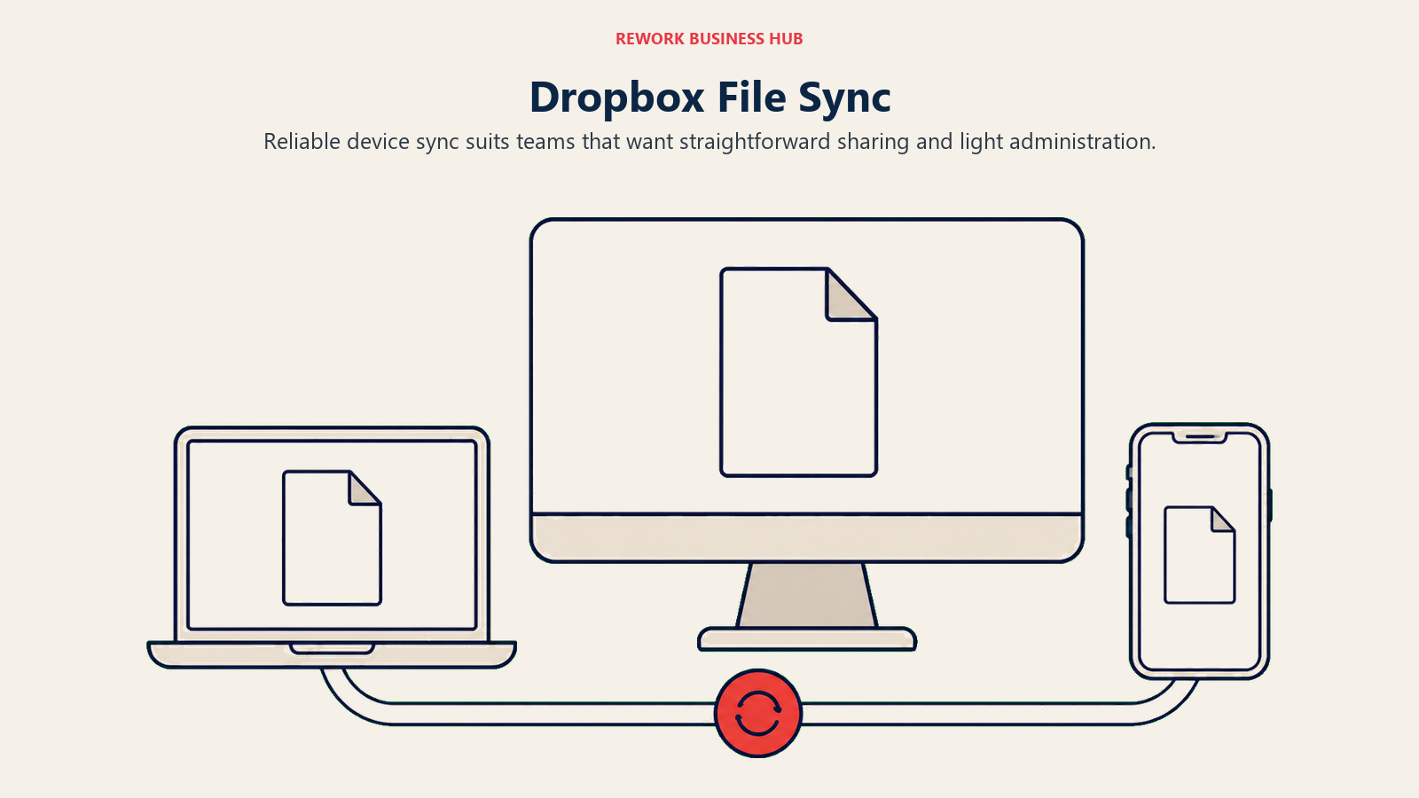 Desktop, laptop, and phone sharing a file through synchronized connections.